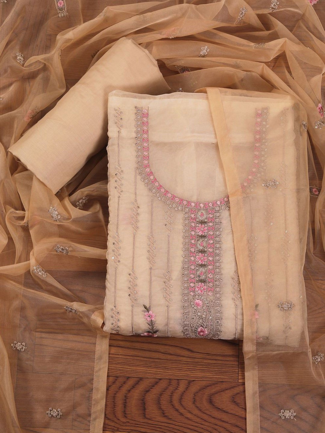 

Jaipur Kurti Embroidered Organza Dress Material With Dupatta, Cream