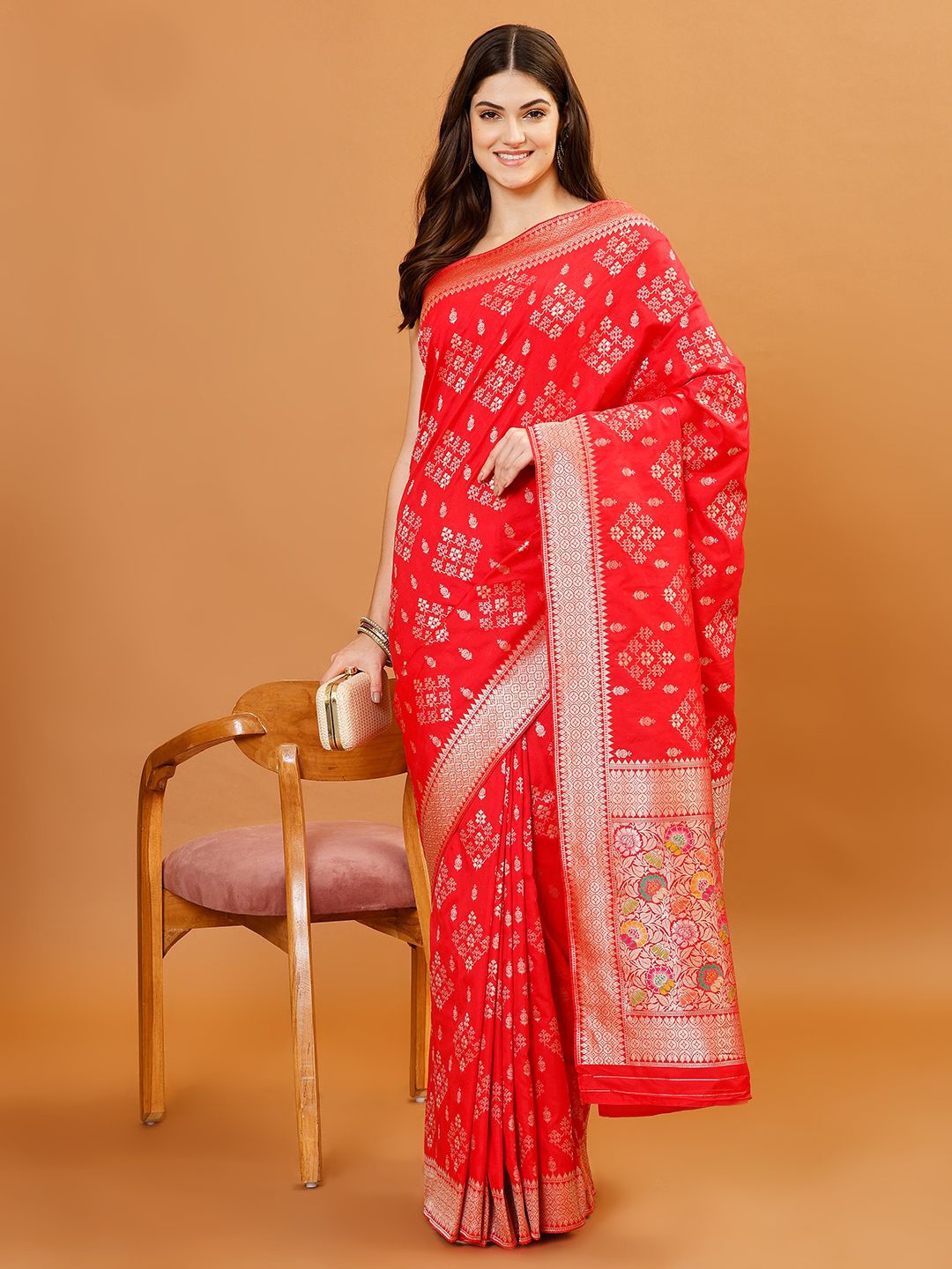 

Meena Bazaar Woven Design Zari Banarasi Saree, Red