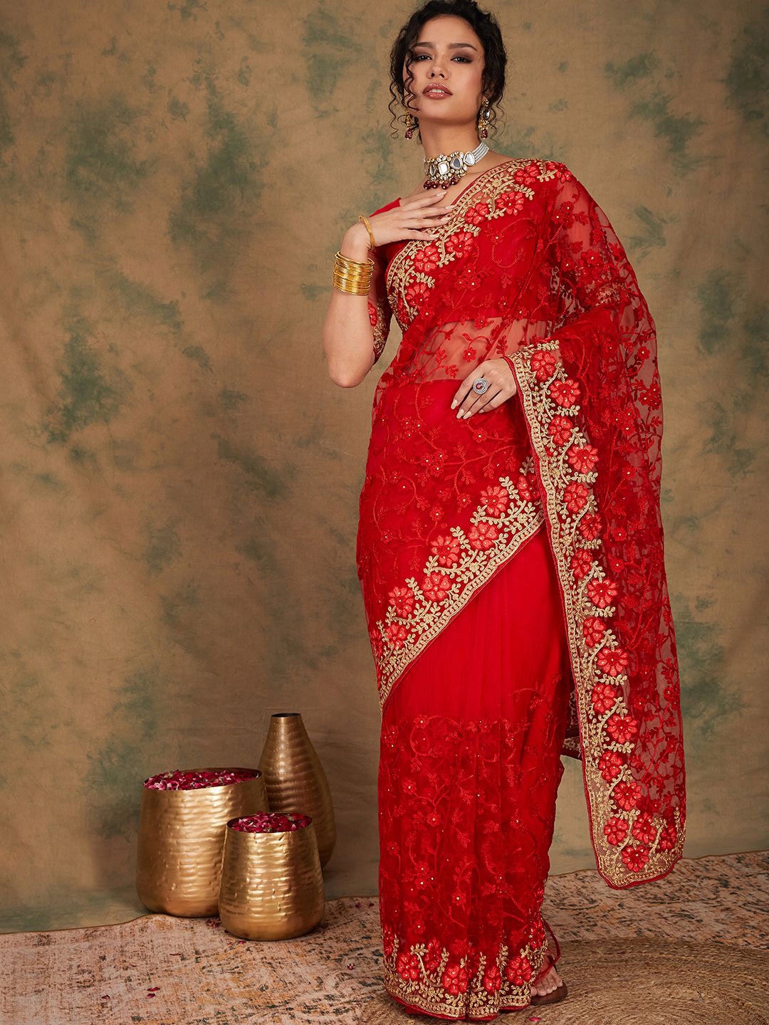 

Maroosh Floral Embroidered Beads and Stones Zari Saree, Red