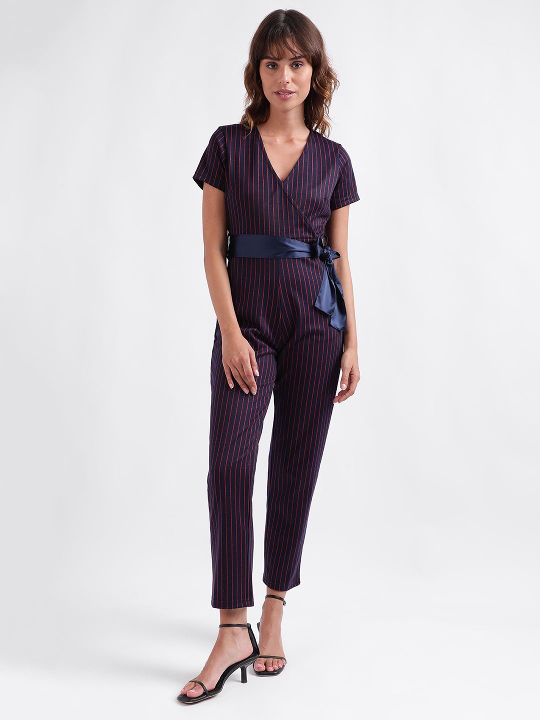 

Iconic Striped V-Neck Cotton Basic Jumpsuit, Navy blue