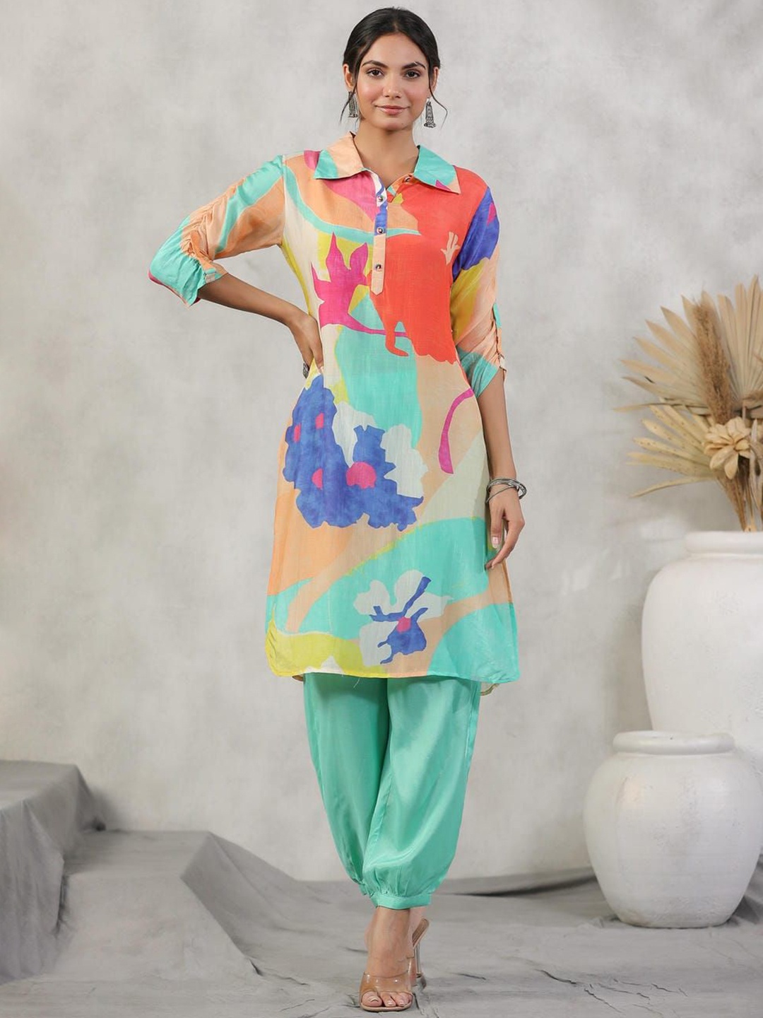 

Kaftanize Women Printed Regular Pure Cotton Kurta With Trousers Set, Green