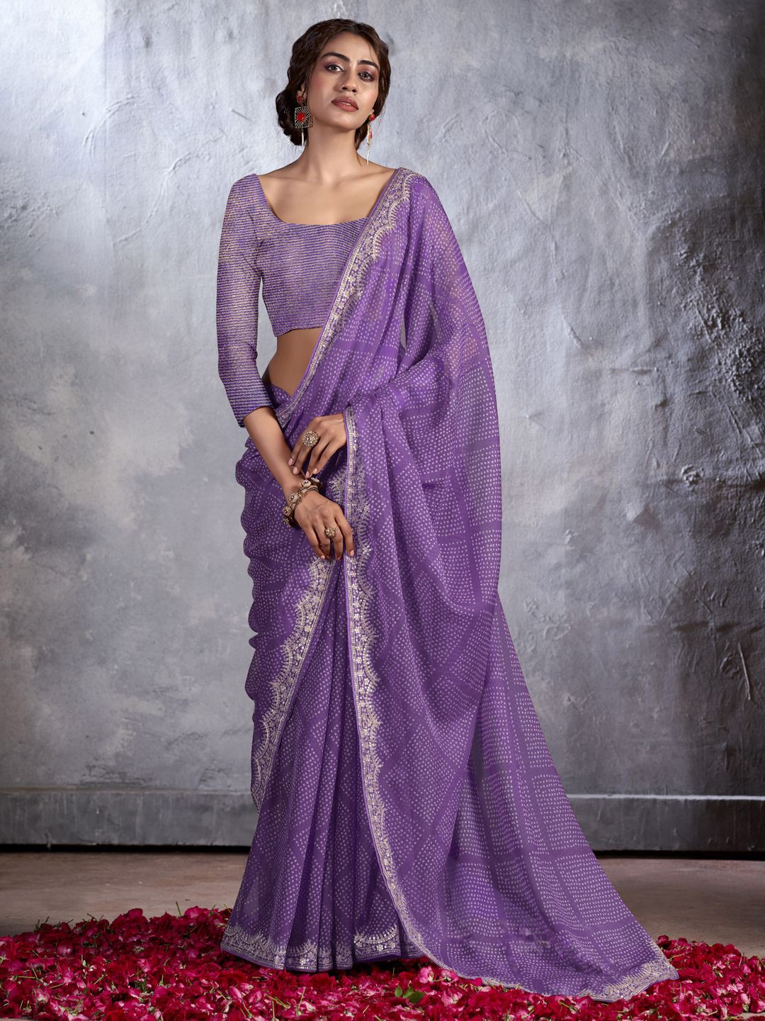 

CHUDIYA Bandhani Printed Pure Chiffon Bandhani Saree, Purple