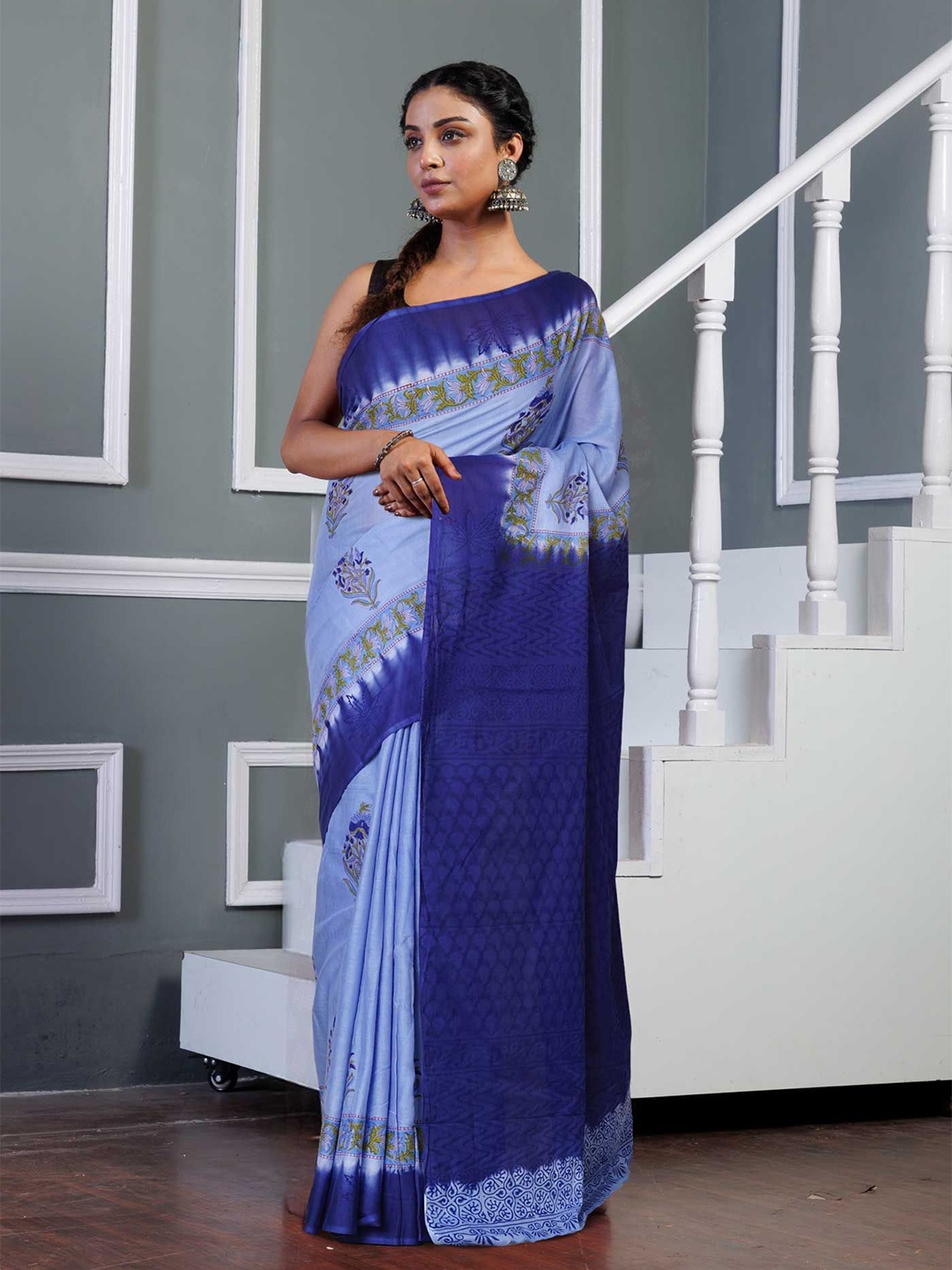 

Unnati Silks Ethnic Motifs Pure Cotton Handloom Block Print Saree, Blue
