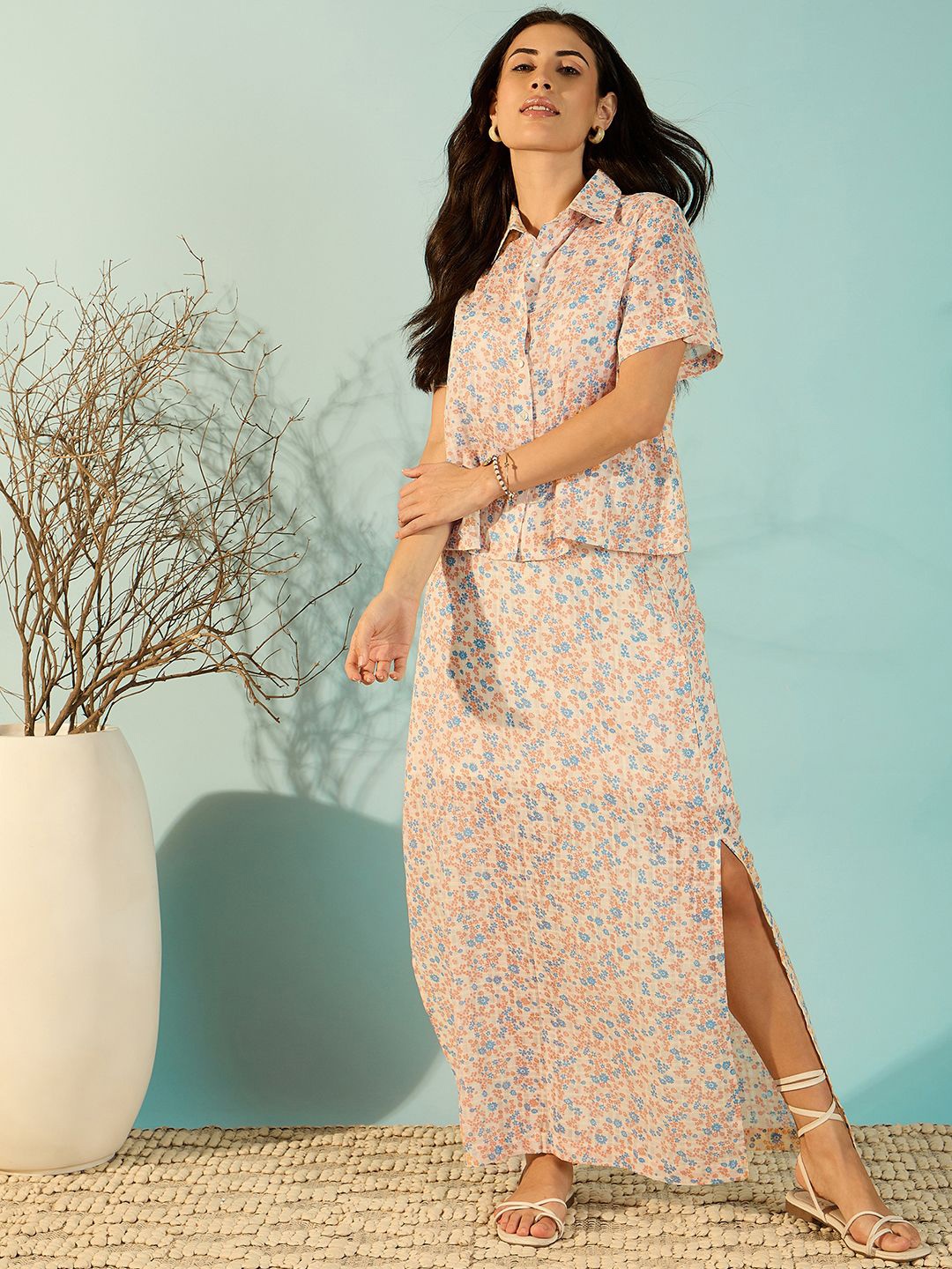 

The Kaftan Company Oceanfront Printed Cotton Collar Shirt With Skirt Co-Ords, White