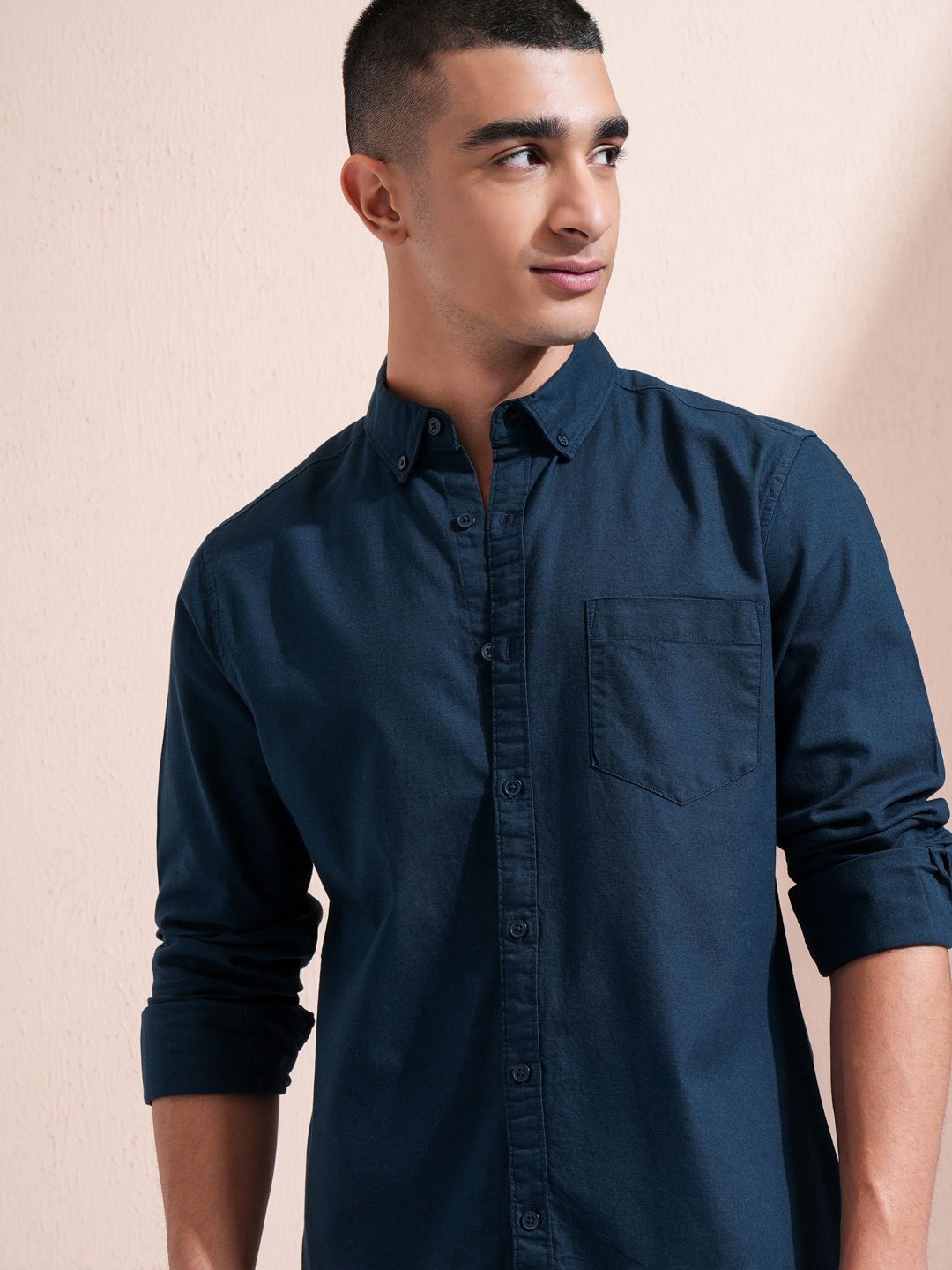 

HIGHLANDER Men Solid Button Down Casual Shirt, Navy blue