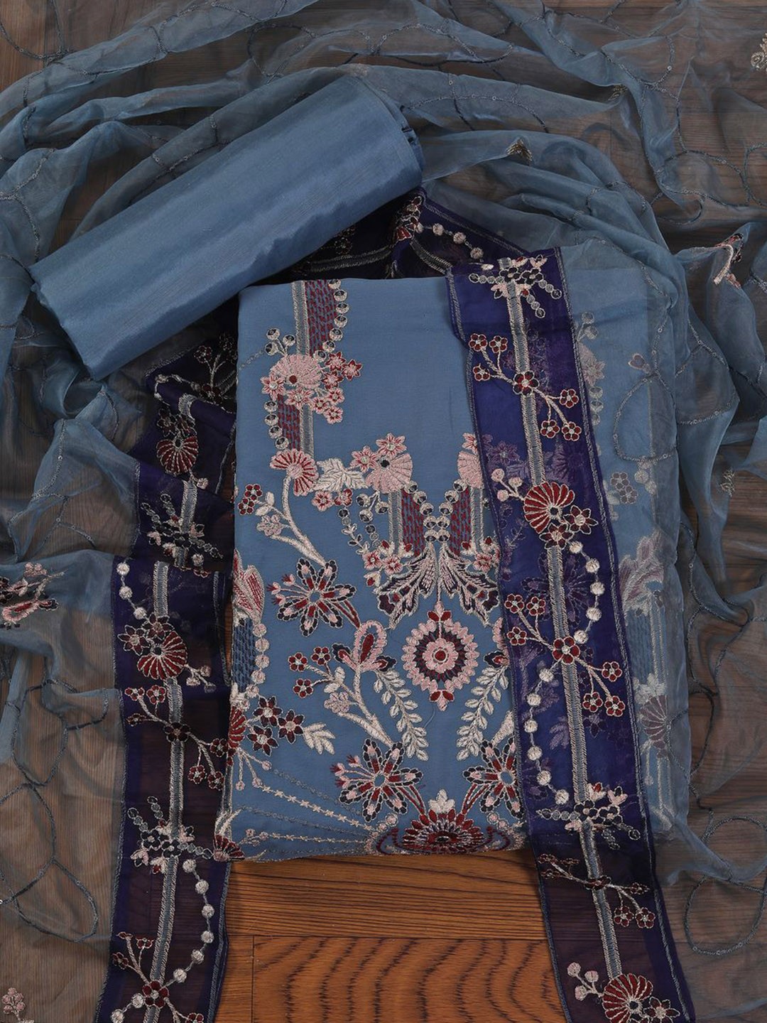 

Jaipur Kurti Sequin Embroidered Poly Georgette Dress Material with Dupatta, Blue