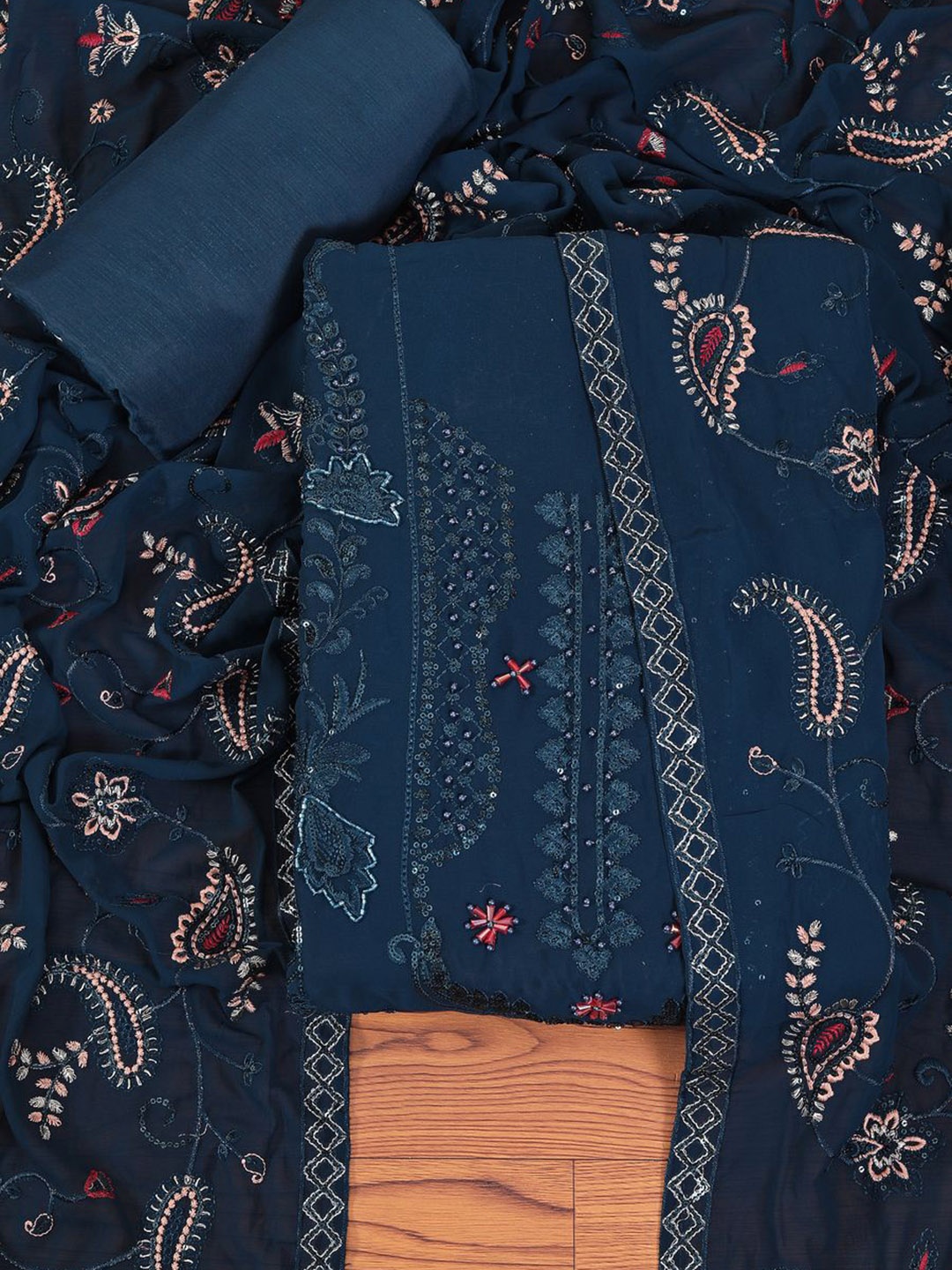 

Jaipur Kurti Heavy Embroidered Poly Georgette Dress Material with Dupatta, Blue