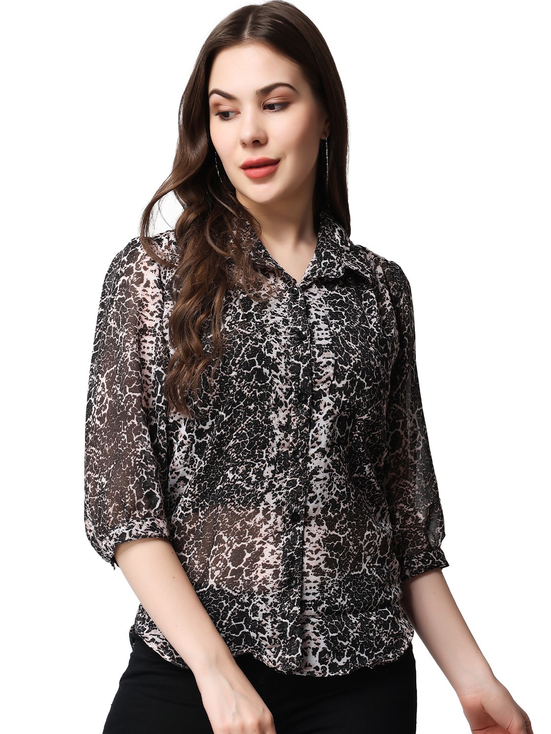 

MINOS Women Classic Spread Collar Animal Printed Casual Shirt, Black
