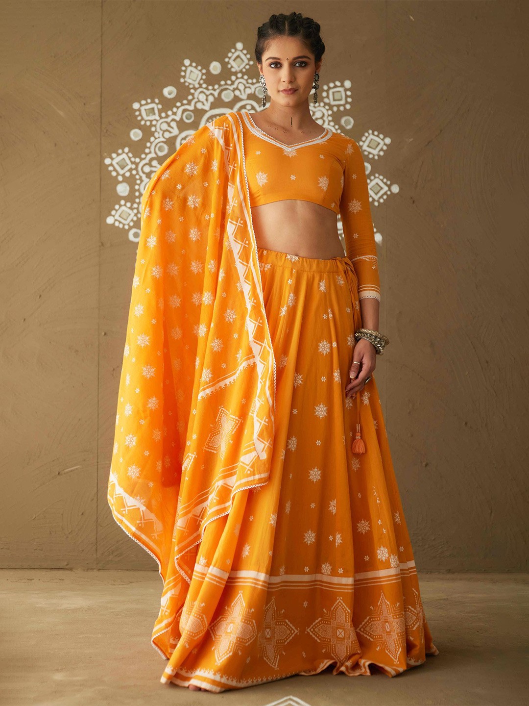 

PINK CACTII Printed Ready to Wear Lehenga & Blouse With Dupatta, Yellow