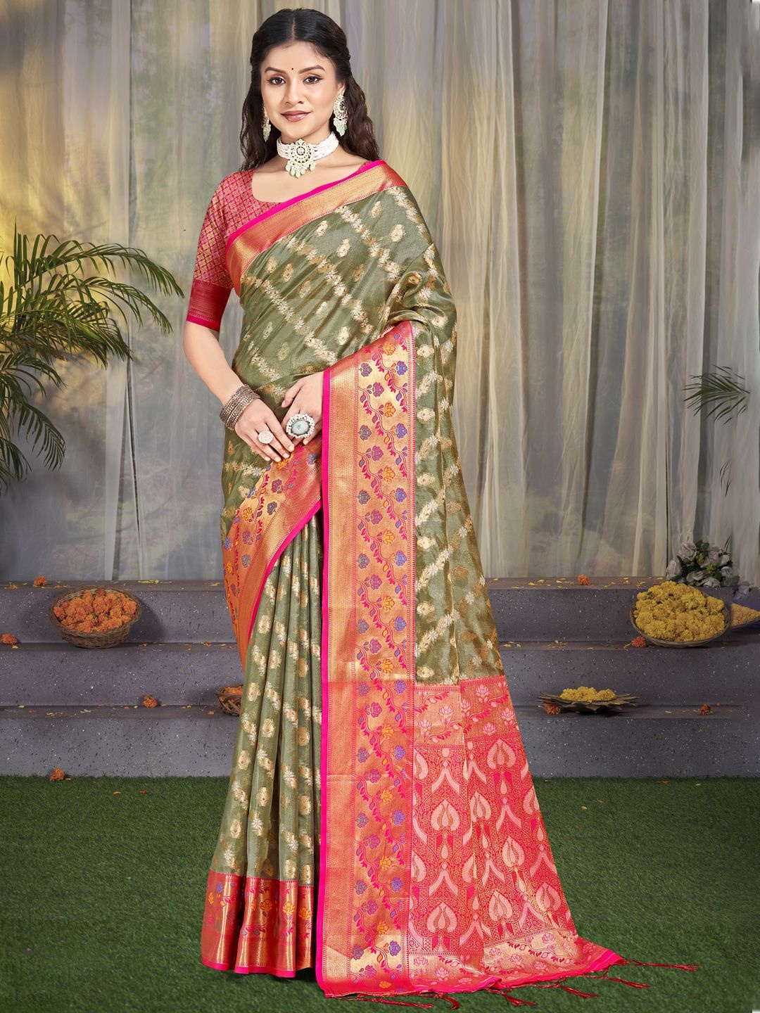 

SANGAM PRINTS Woven Design Zari Tussar Saree, Grey