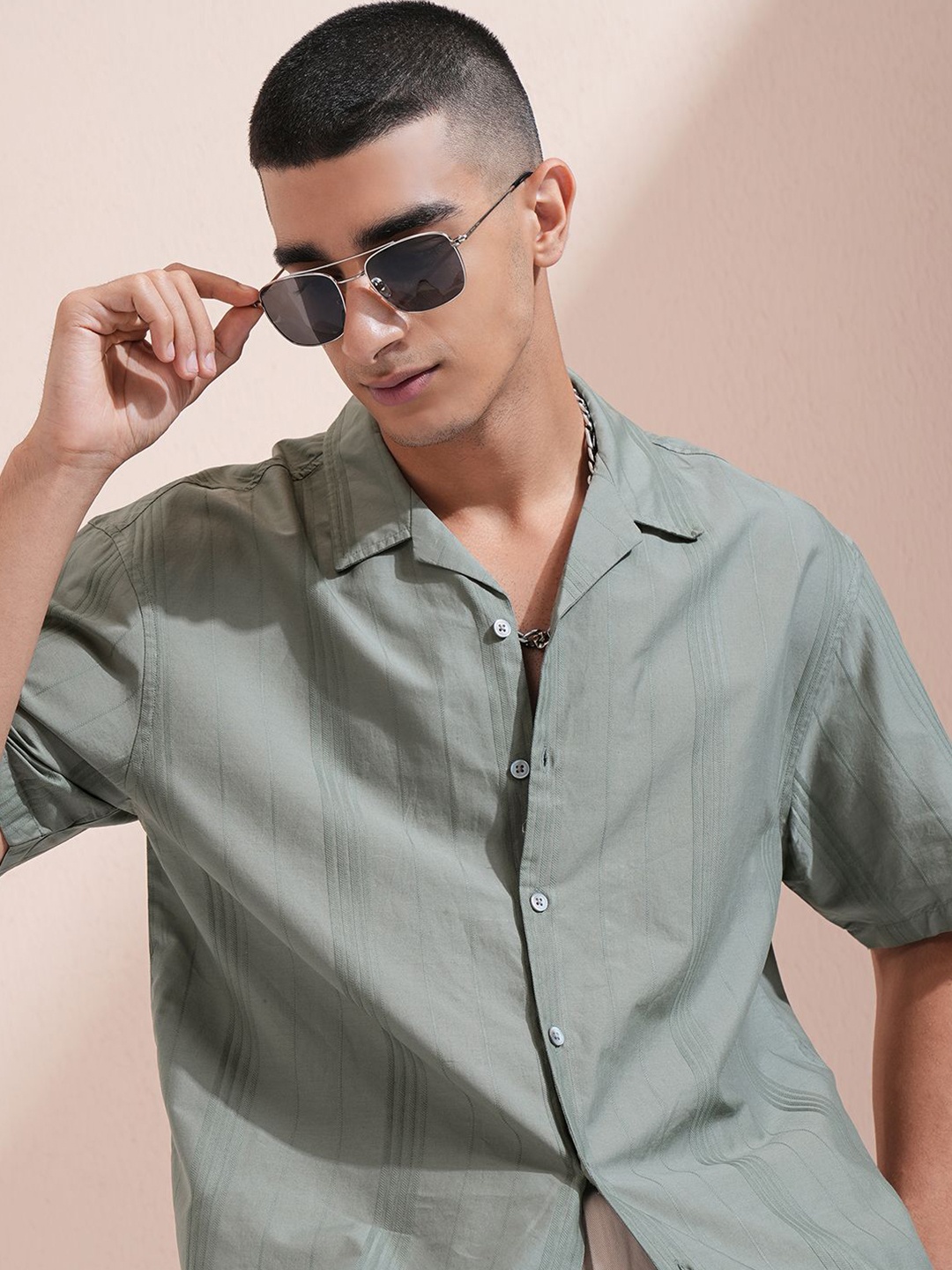 

Highlander Men Olive Dobby Textured Striped Cuban Collar Oversized Shirt