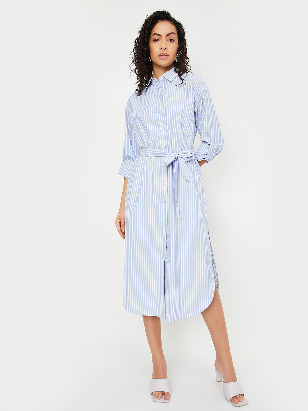 

max WomenSolid Puff Sleeve Striped Shirt Midi Dress, Blue
