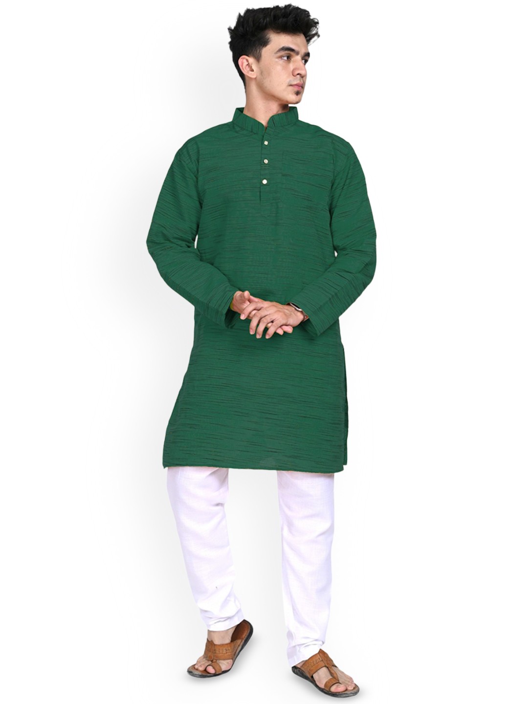 

Voniry Woven Design Mandarin Collar Regular Kurta With Pyjamas, Green
