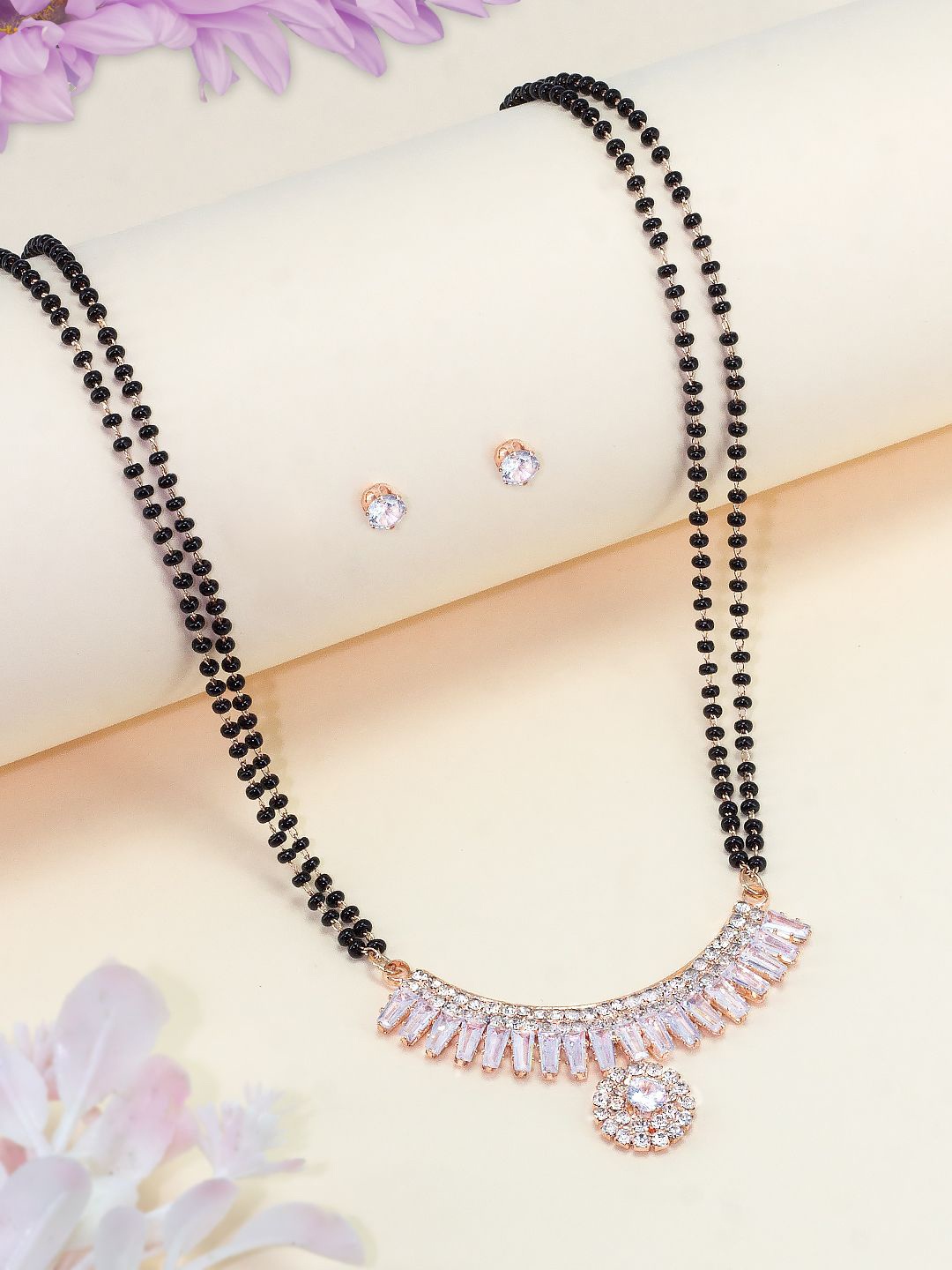 

PRIVIU Rose Gold Plated Rhinestone Studded & Beaded Mangalsutra With Stud Earrings