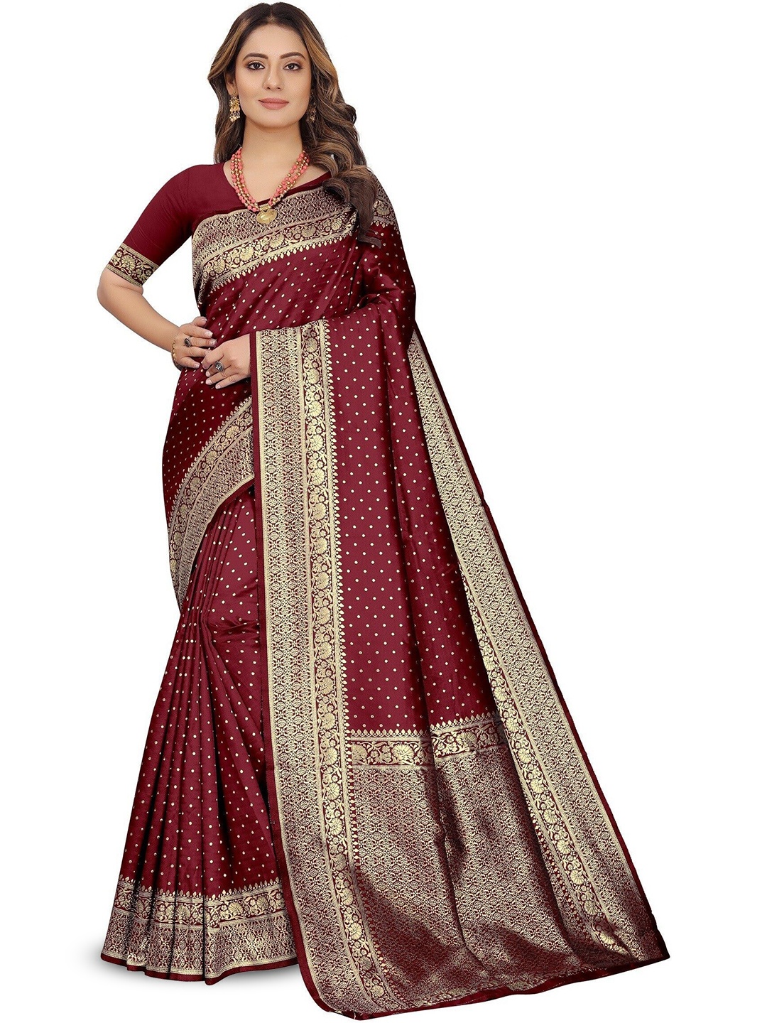 

QENY Ethnic Motifs Woven Design Zari Banarasi Saree, Maroon