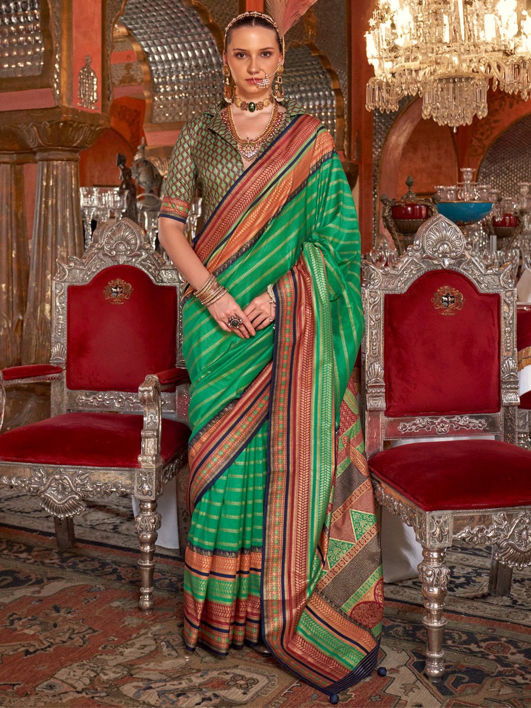 

Anouk Ethnic Motifs Zari Banarasi Saree, Green