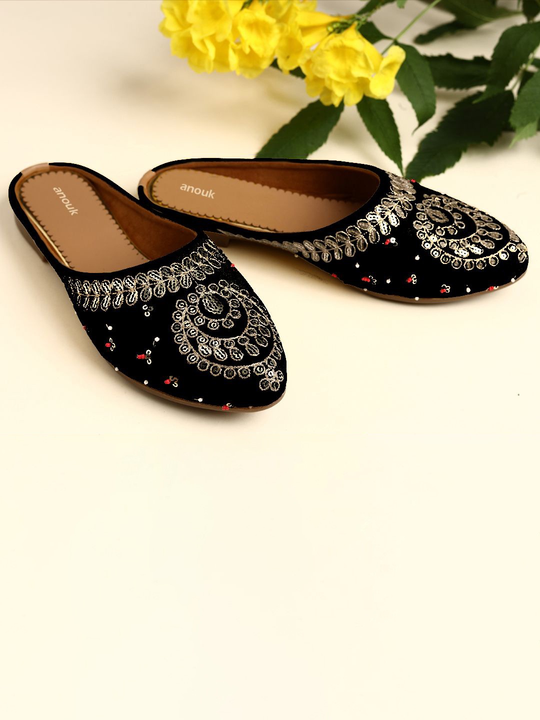 

Anouk Women Embellished Round Toe Mules Flats, Black