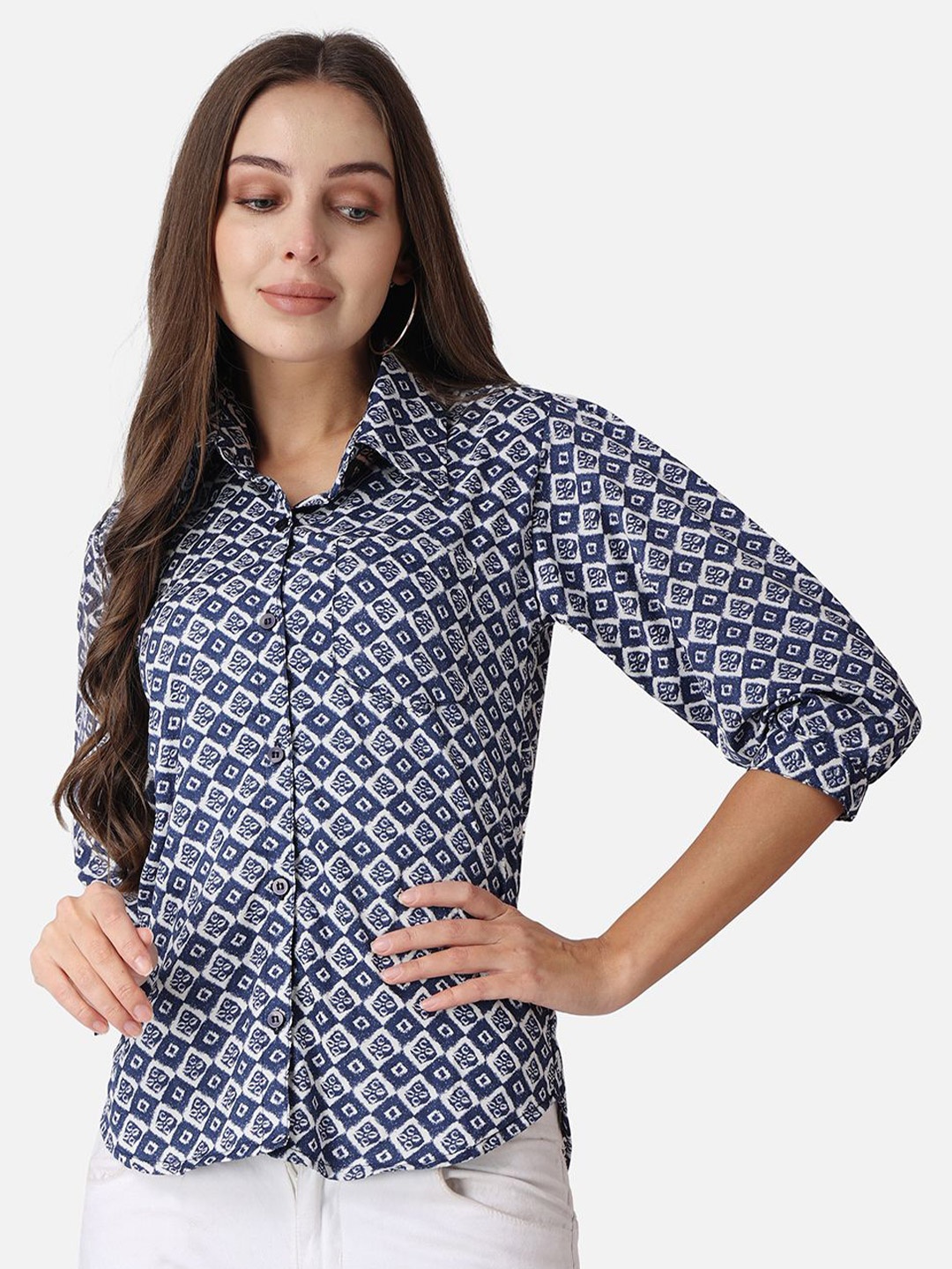 

MINOS Women Classic Spread Collar Geometric Printed Crepe Casual Shirt, Navy blue