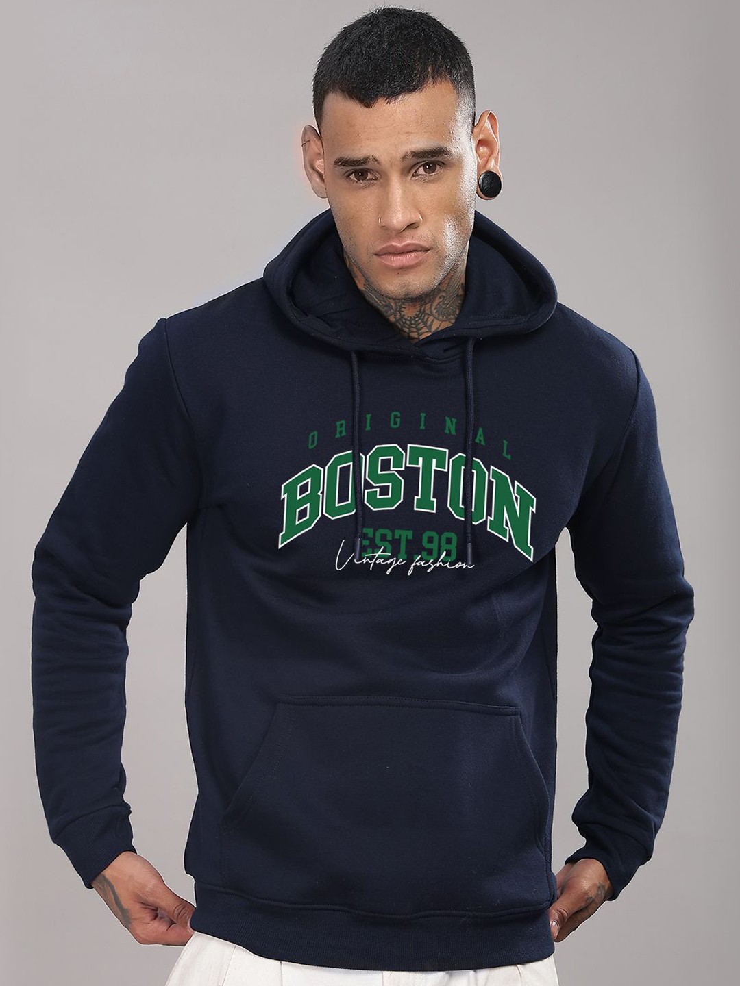 

ADRO Men Typography Printed Hood Cotton Pullover Ribbed Sweatshirt, Navy blue