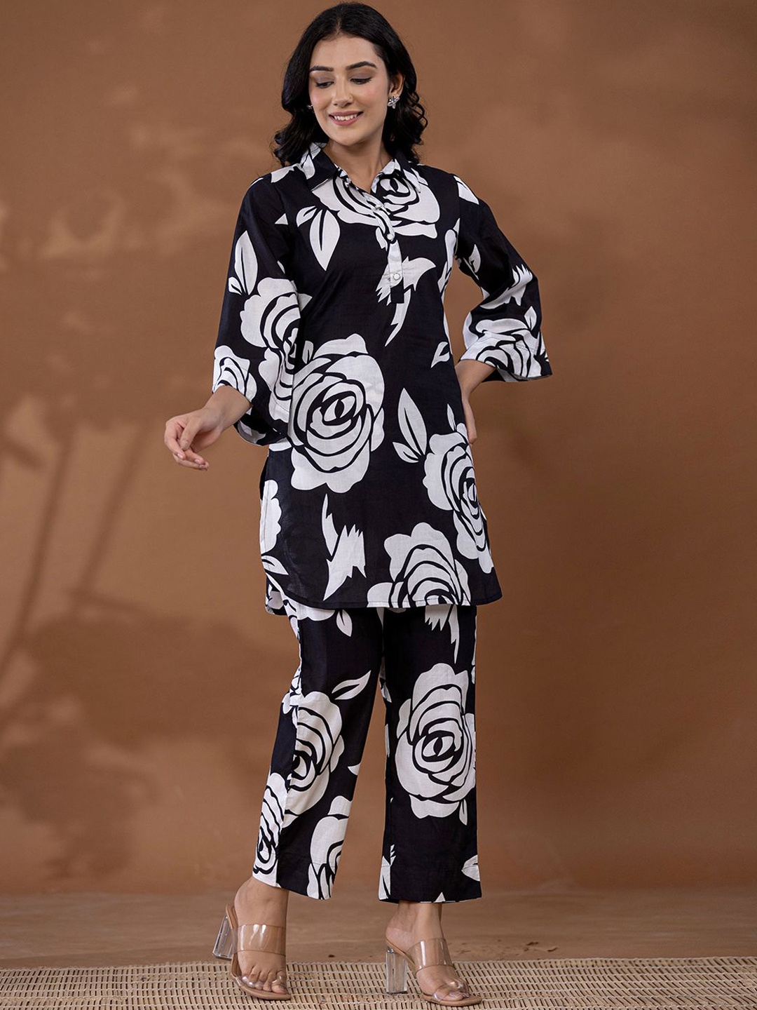 

Yufta Printed Pure Cotton Tunic & Trousers Co-Ord, Black