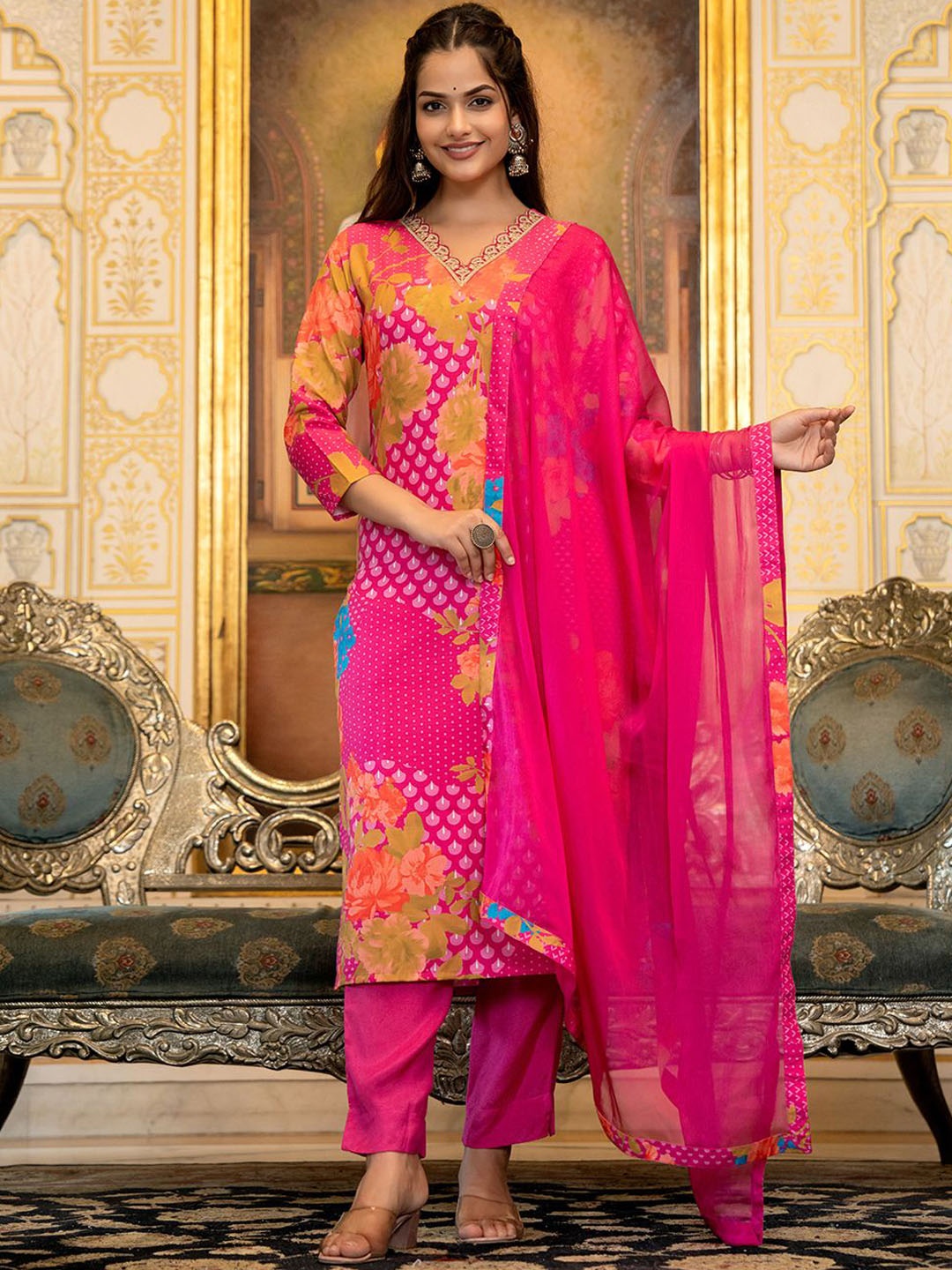 

KALINI Floral Printed Straight Sequinned Kurta with Trousers & Dupatta, Pink