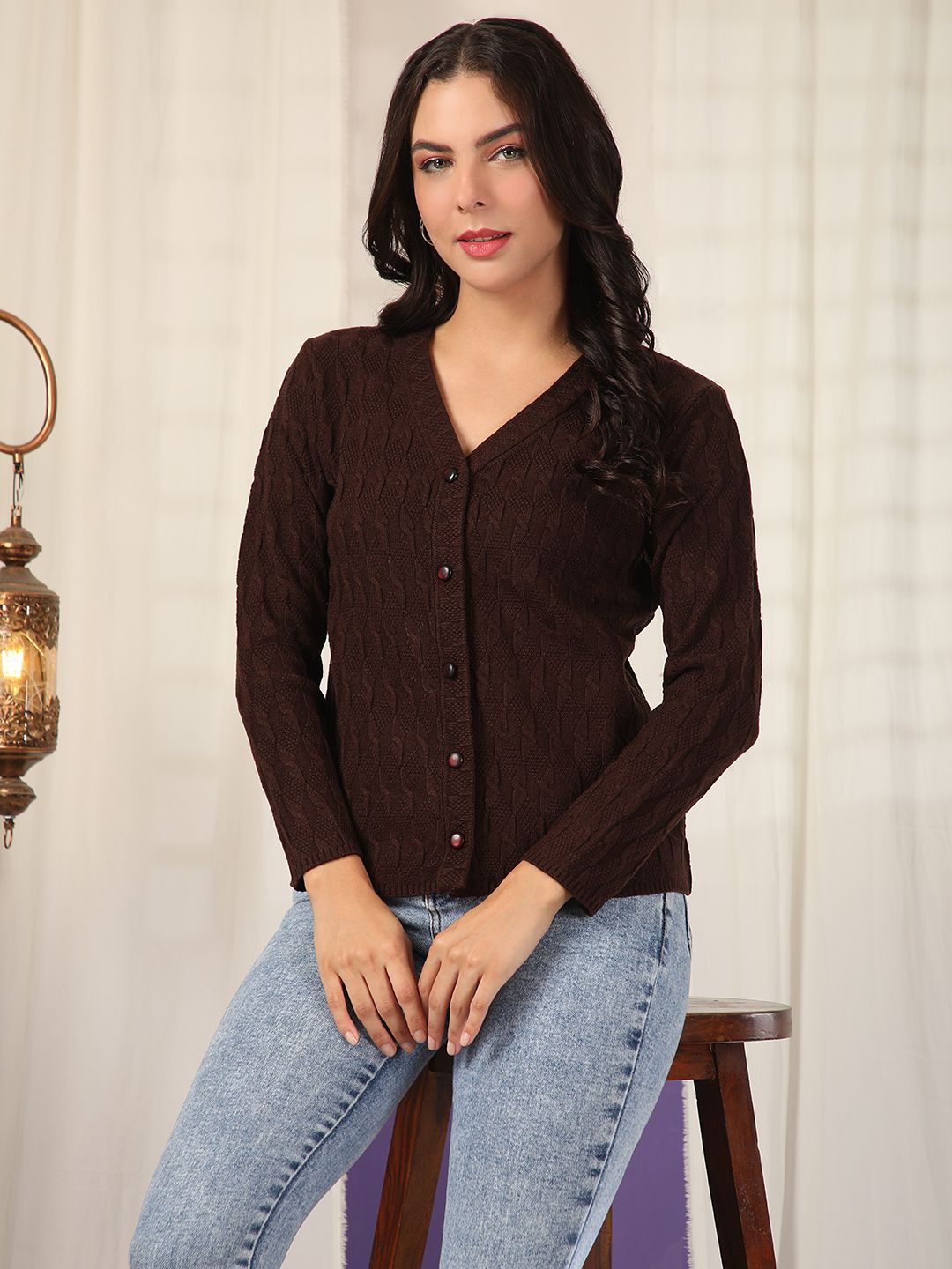 

Cayman Women Cable Knit Woollen Cardigan, Coffee brown