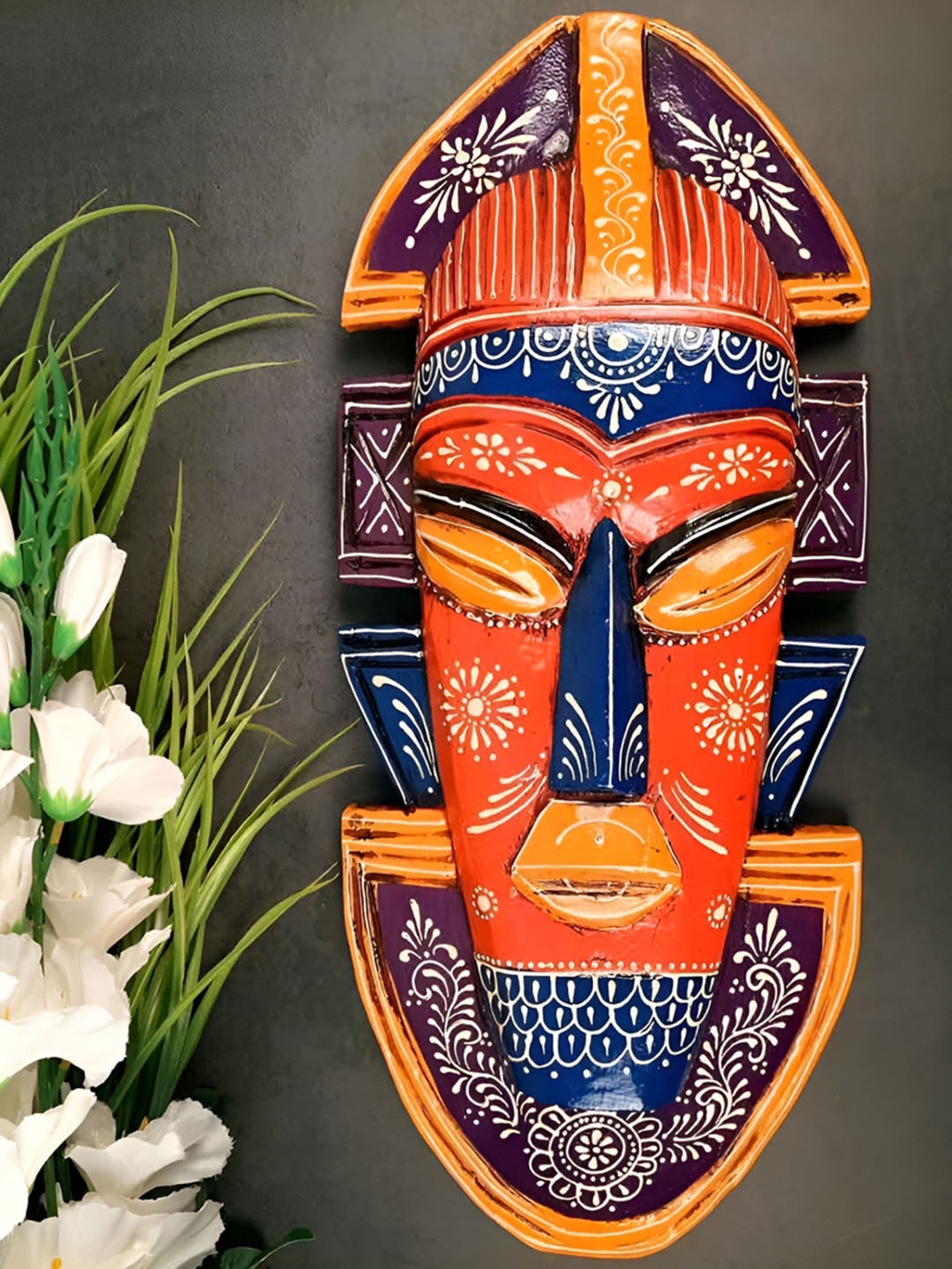 

apka mart Orange & Blue Wooden Nazar Battu Tribal Masks Wall Decor
