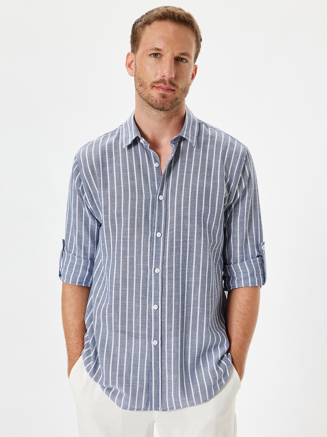 

Koton Men Spread Collar Vertical Striped Cotton Casual Shirt, Grey