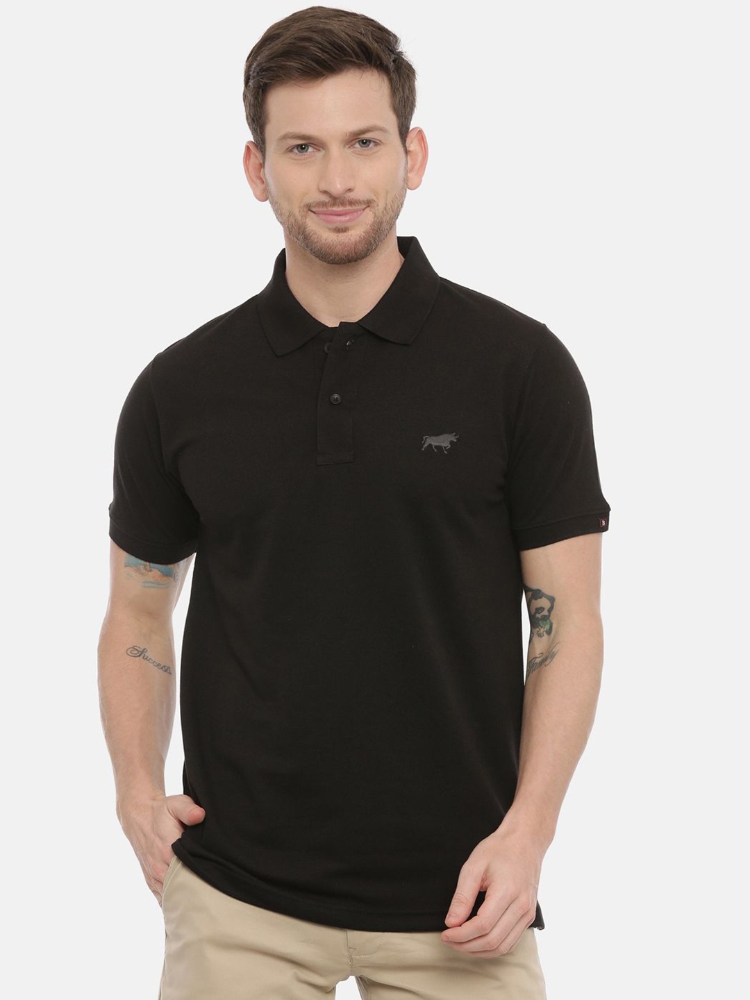 

Bushirt Men Solid Polo Collar Cotton T-shirt, Black