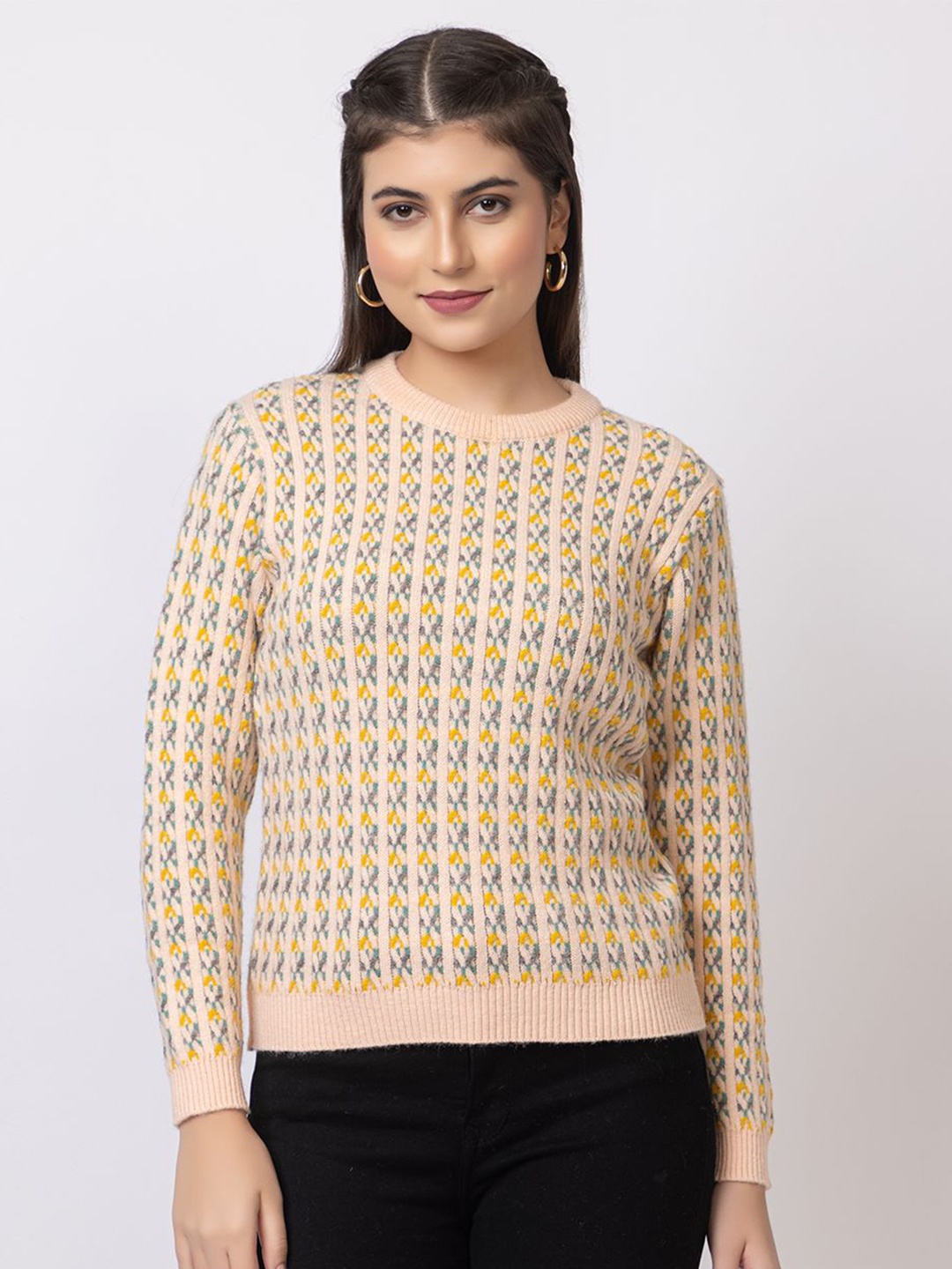 

GFO Women Self Design Woollen Sweater, Beige