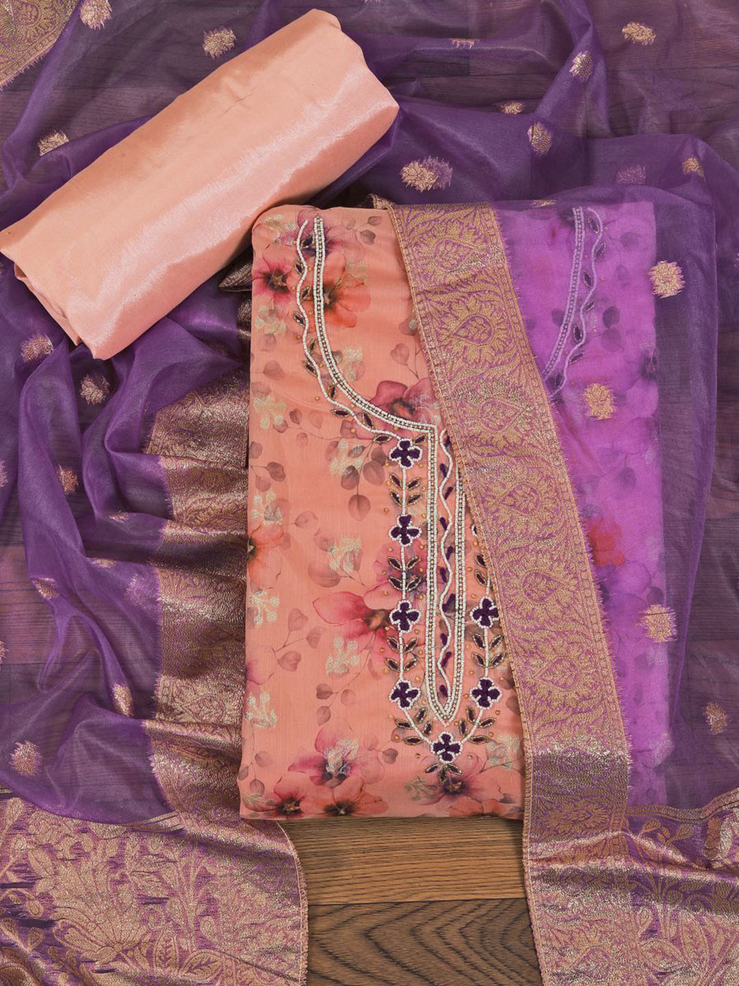 

Jaipur Kurti Cotton Blend Embellished Dress Material with Dupatta, Orange