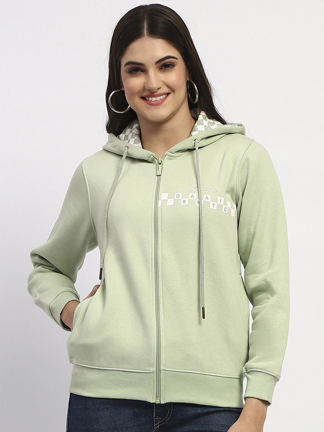 

Madame Women Typography Printed Hood Cotton Front-Open Sweatshirt, Green