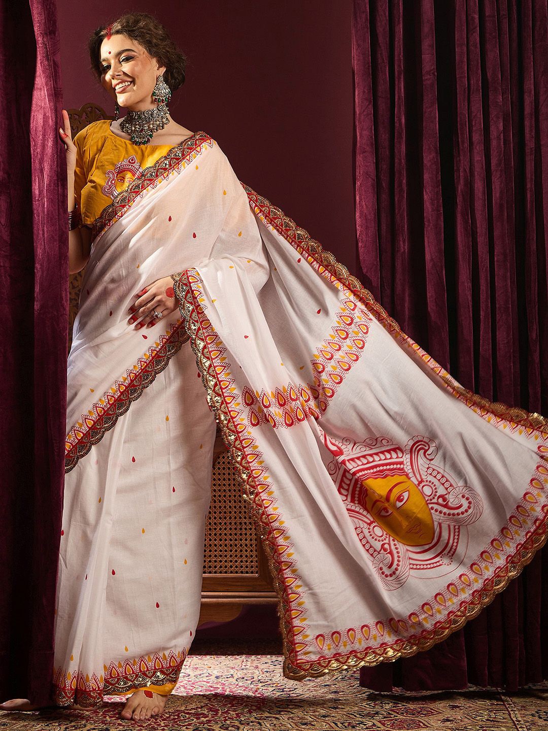 

Saree mall White Cotton Ethnic Embellished Durga Puja Saree