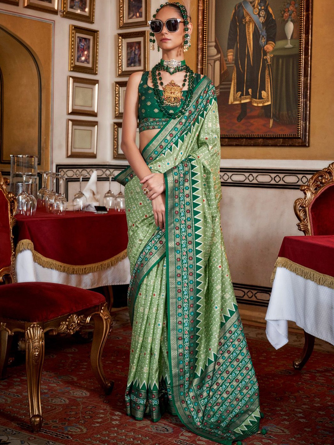 

Anouk Ethnic Motifs Zari Patola Saree, Green