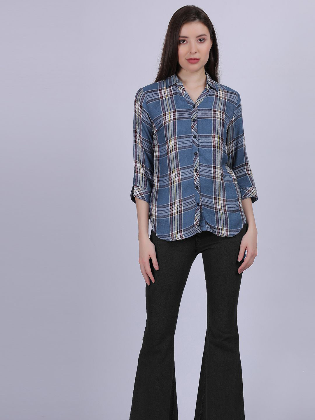 

Aumbe Women Comfort Spread Collar Tartan Checked Cotton Casual Shirt, Blue