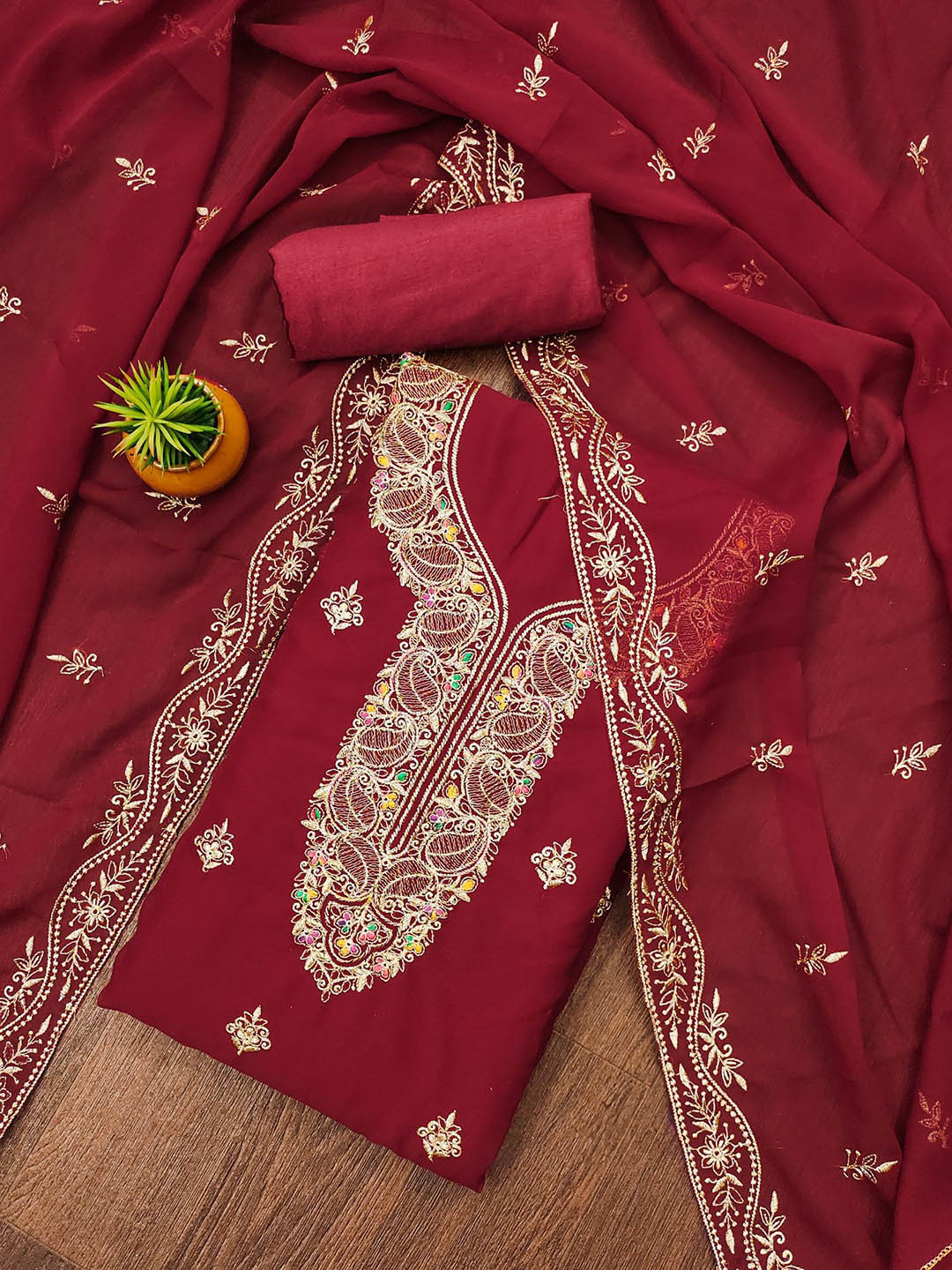 

LeeliPeeri Designer Embroidered Unstitched Dress Material, Red