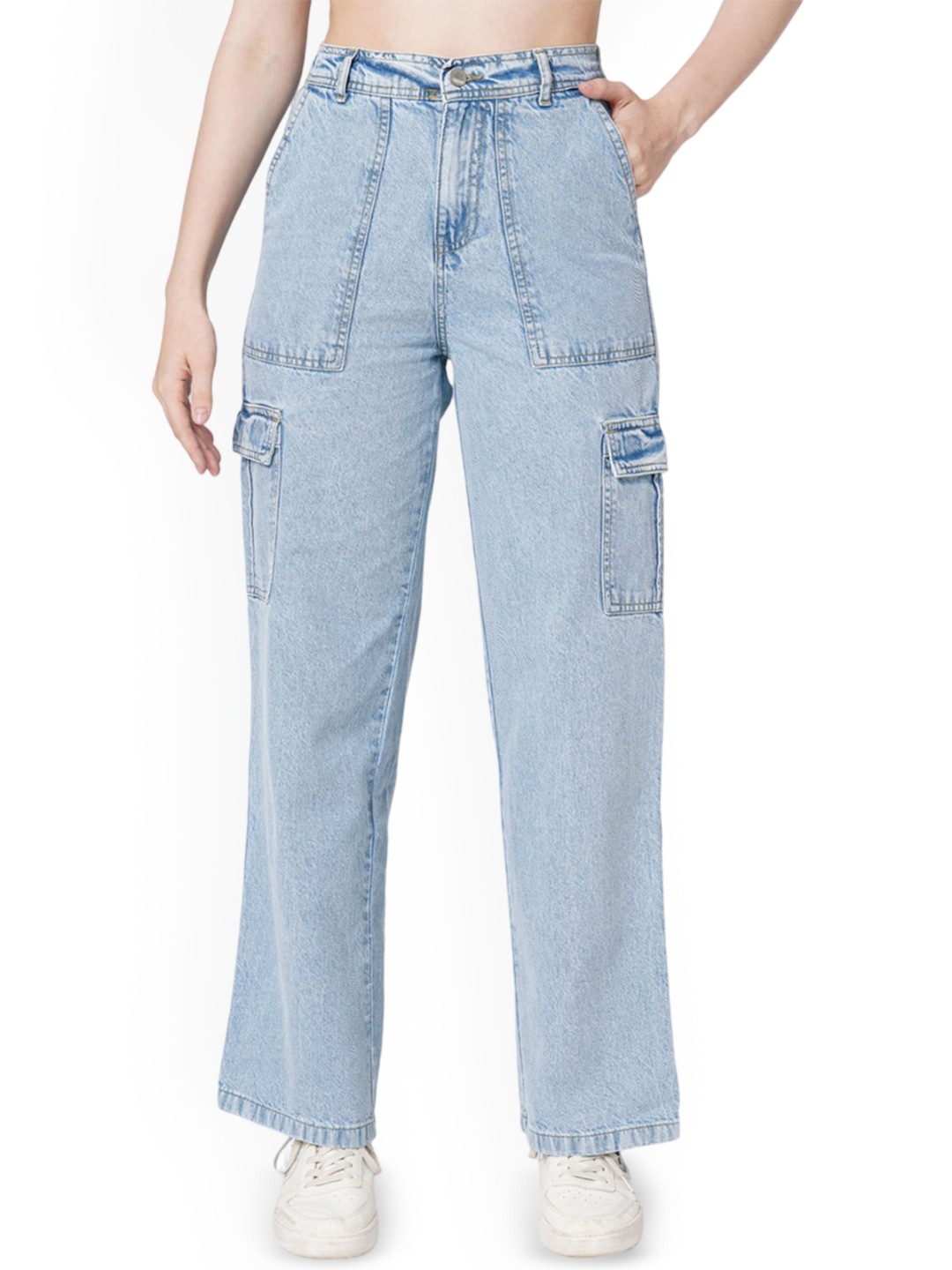 

Kraus Jeans Women Relaxed Loose Fit High-Rise Cotton Cargos Trousers, Blue