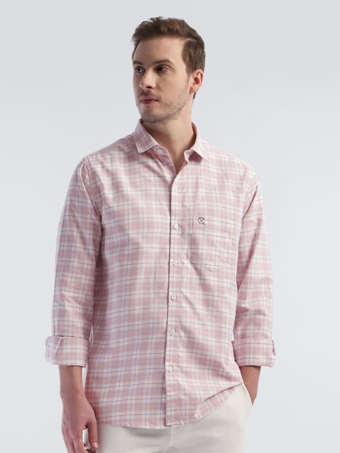 

OFFCUTS Men Comfort Spread Collar Checked Pure Cotton Casual Shirt, Peach