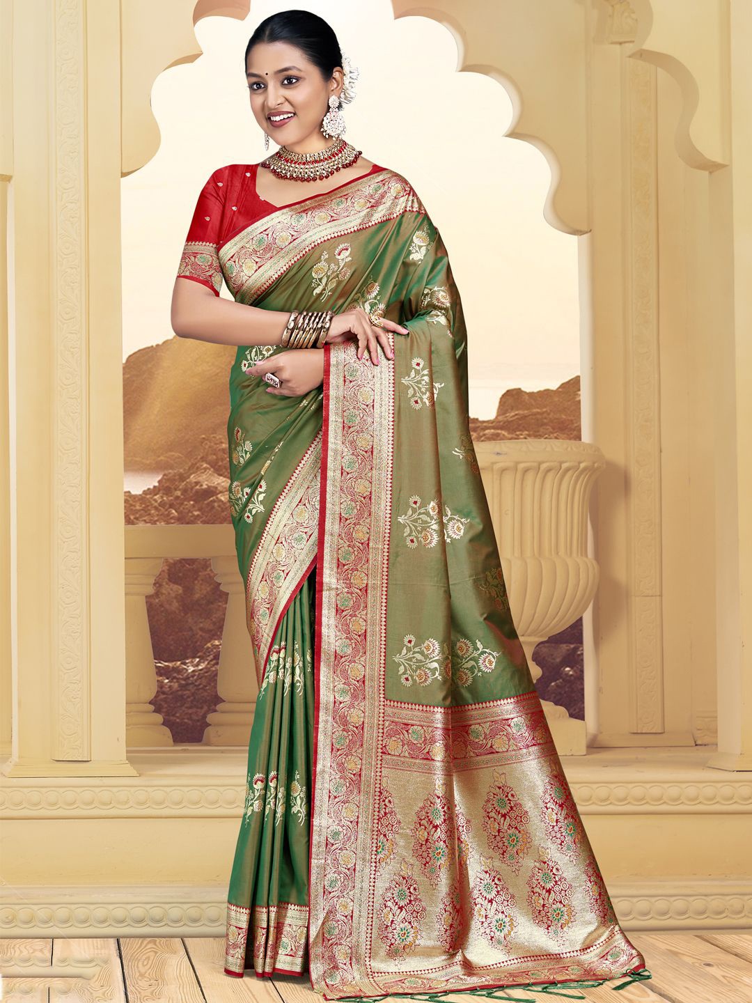 

SANGAM PRINTS Woven Design Zari Tussar Saree, Olive