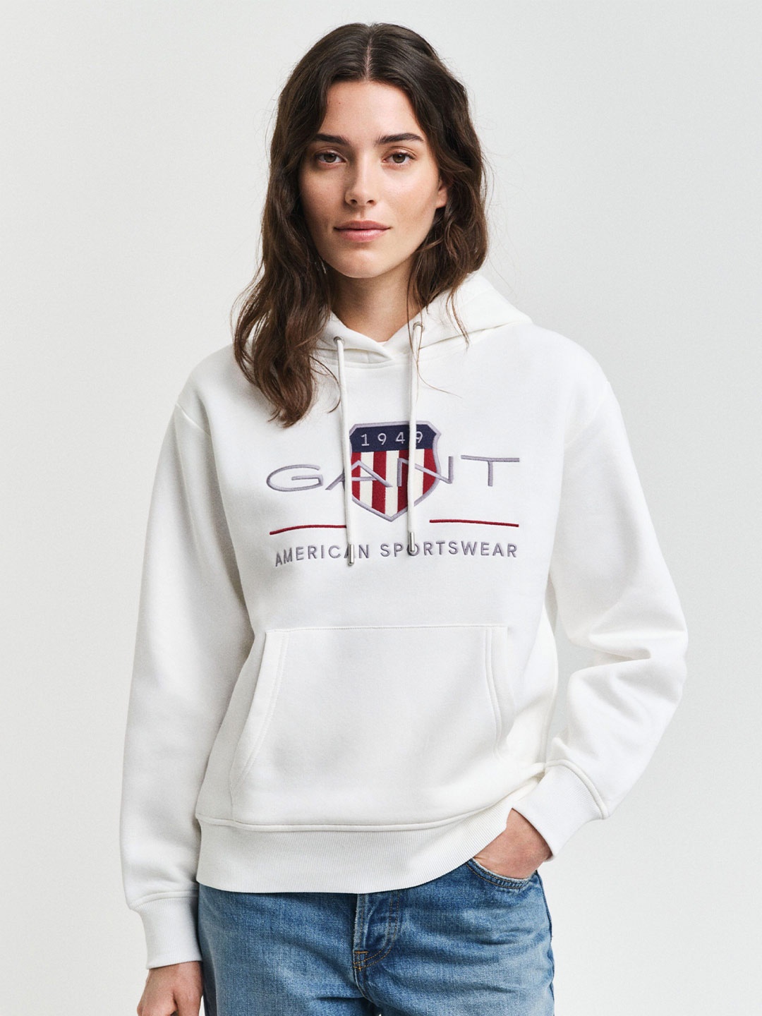 

GANT Women Typography Printed Hood Cotton Pullover Ribbed Sweatshirt, White