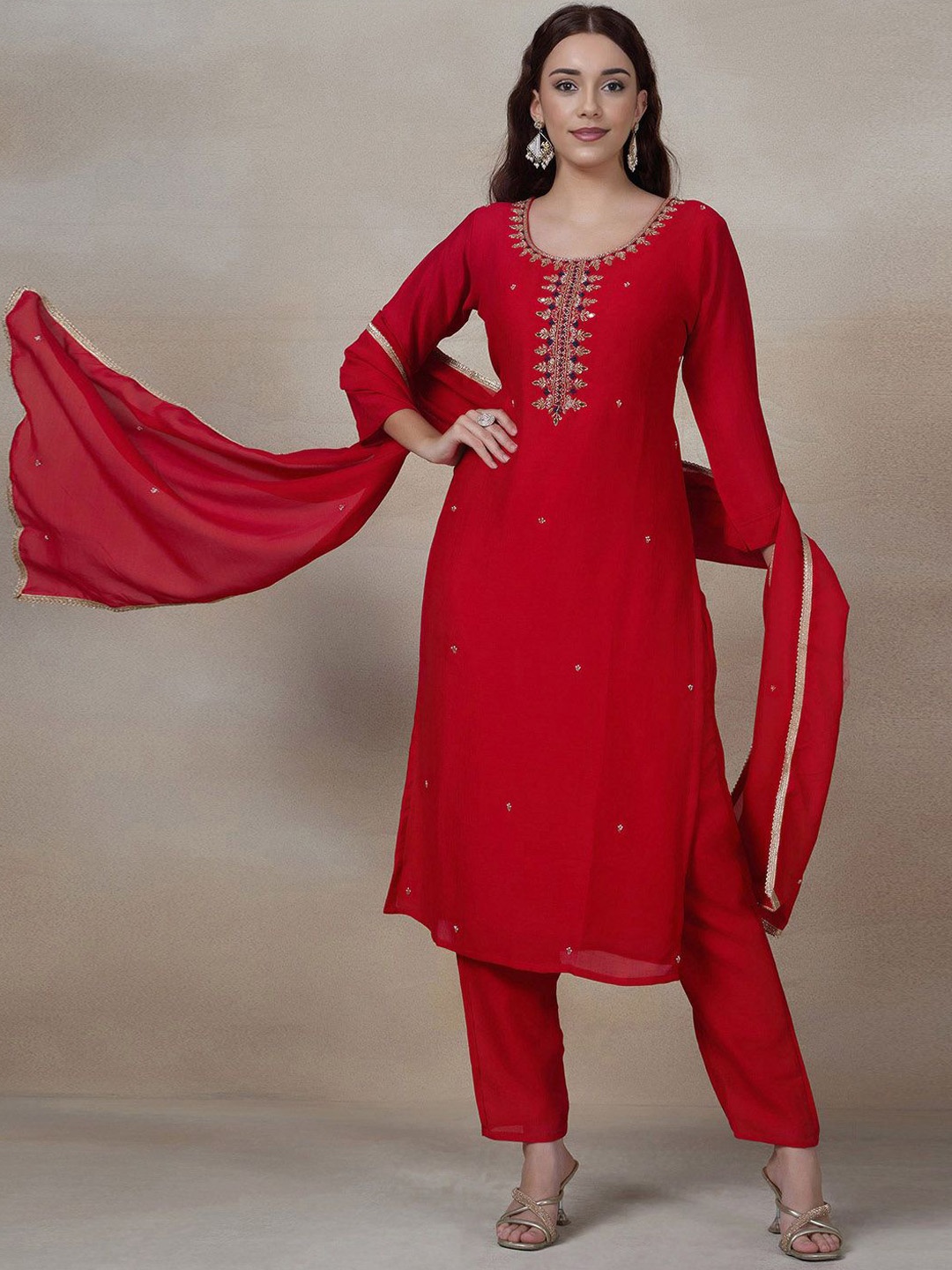 

Rang by Indya Women Regular Kurta with Trousers & With Dupatta, Red