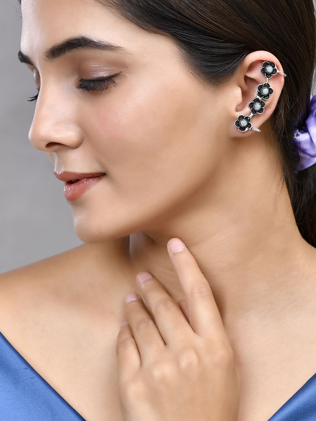 

Silvermerc Designs Silver-Plated Oxidised Stone Studded Ear Cuff Earrings
