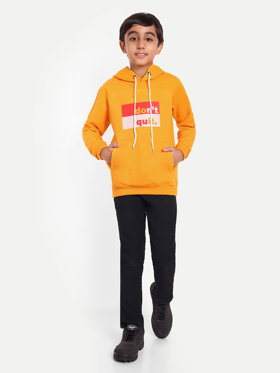 

FEBVIBE Boys Typography Printed Hood Fleece Pullover Sweatshirt, Mustard