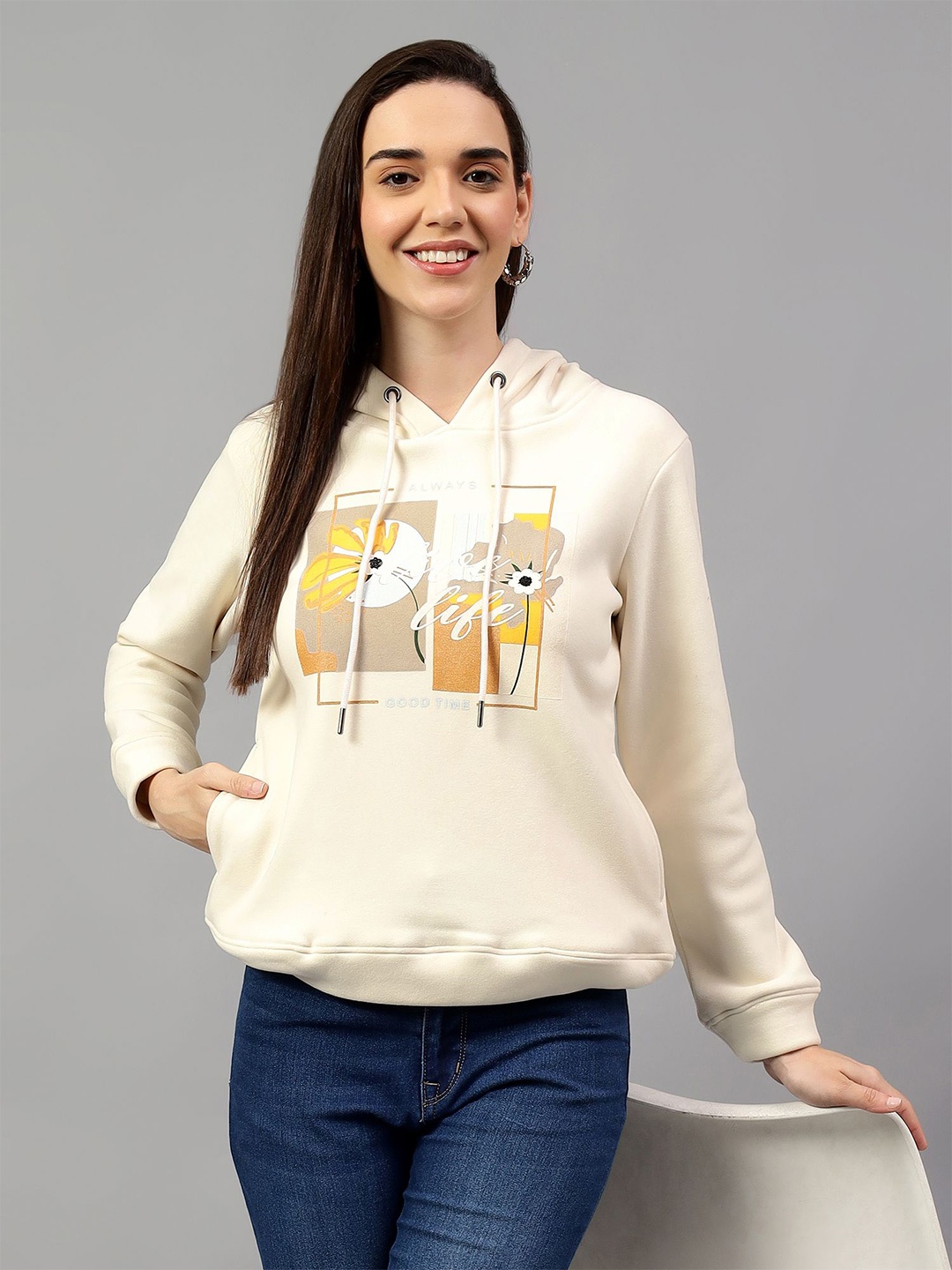 

Cantabil Women Graphic Printed Hood Cotton Pullover Ribbed Sweatshirt, Cream
