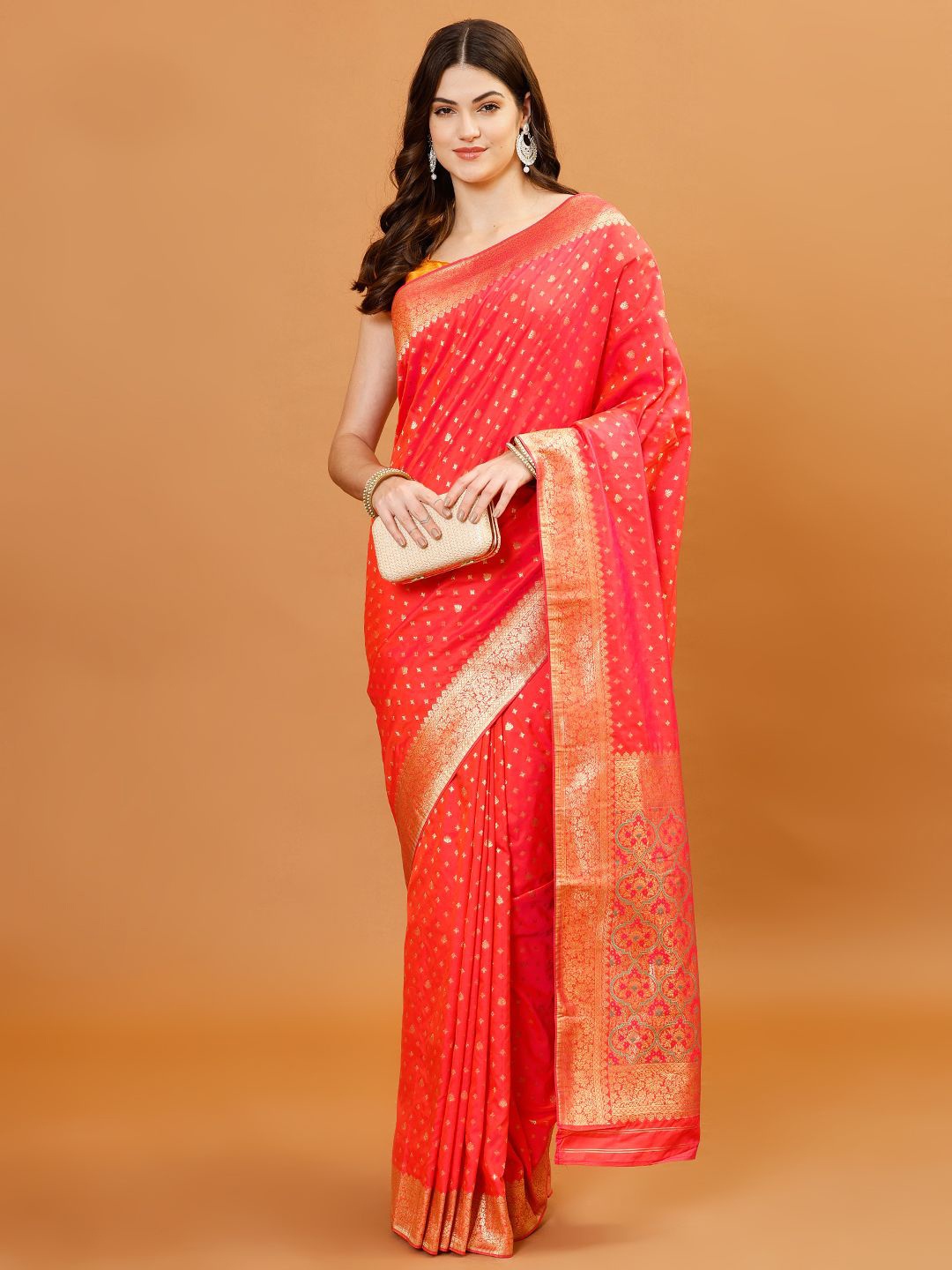 

Meena Bazaar Woven Design Zari Banarasi Saree, Coral