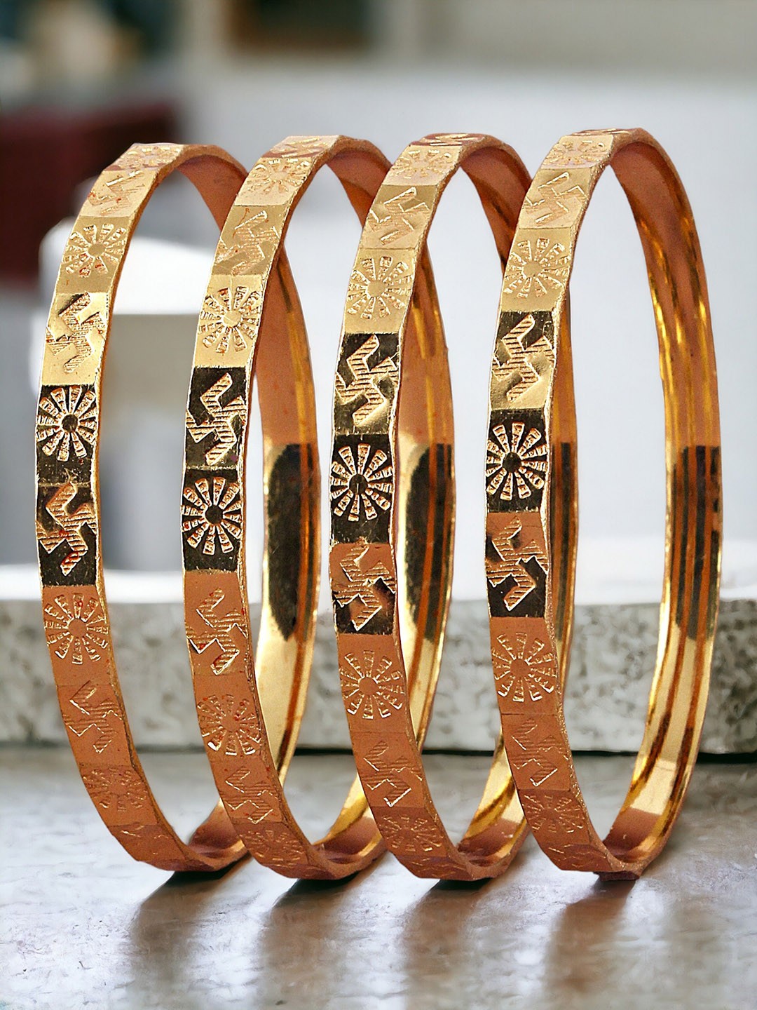 

LUCKY JEWELLERY Set Of 4 Gold-Plated Floral & Swastik Design Bangles