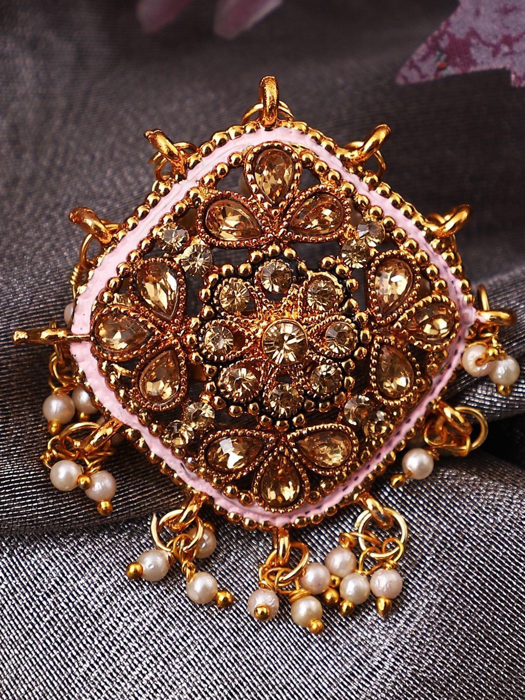 

ANIKAS CREATION Gold-Plated Stones Studded & Beaded Adjustable Finger Ring