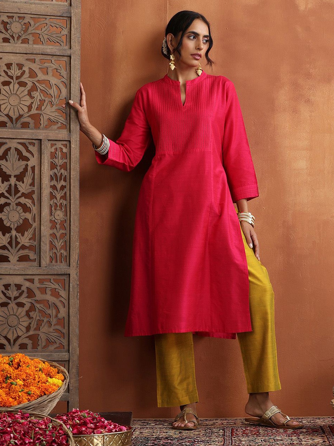 

House of Chikankari Pin- Tuck Woven Top Long Kurta, Pink