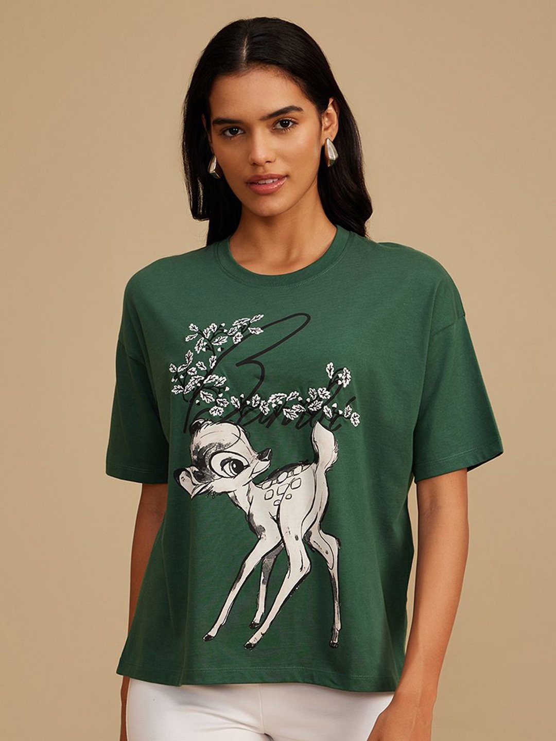

Kazo Women Graphic Printed Round Neck Cotton Boxy T-shirt, Green
