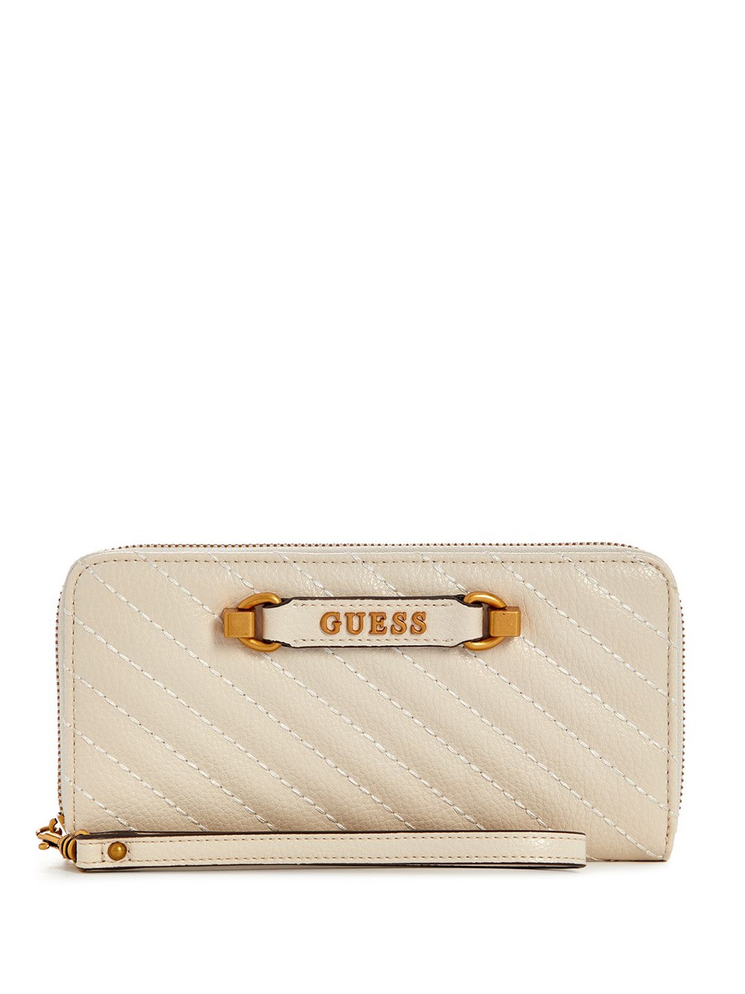 

GUESS Women Geometric Textured Quilted PU Zip Around Wallet, Beige